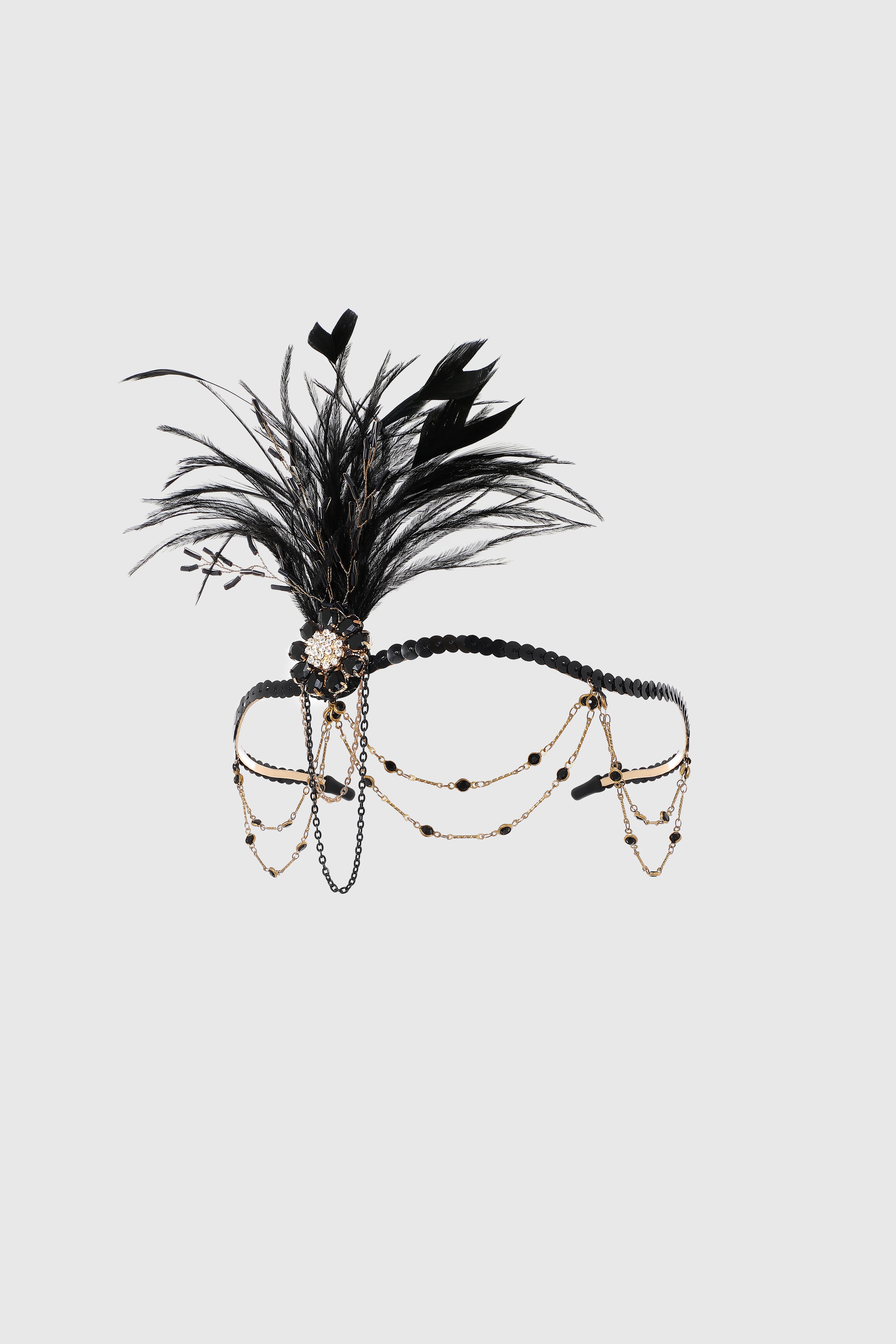 Beaded Crystal Chain Feather Headband | Black | 1