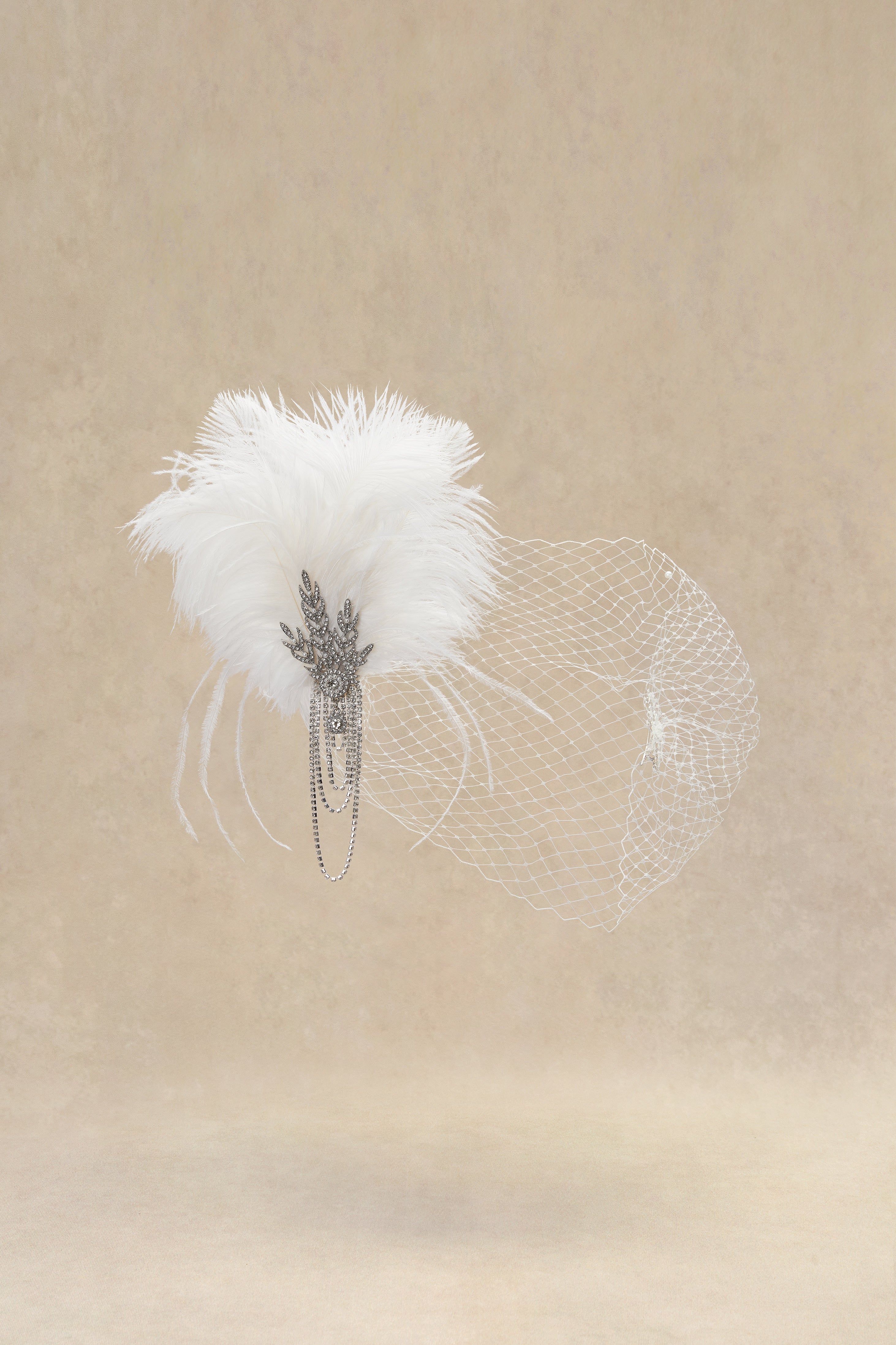 Beaded Leaf Feather Headband With Veil | White| 1