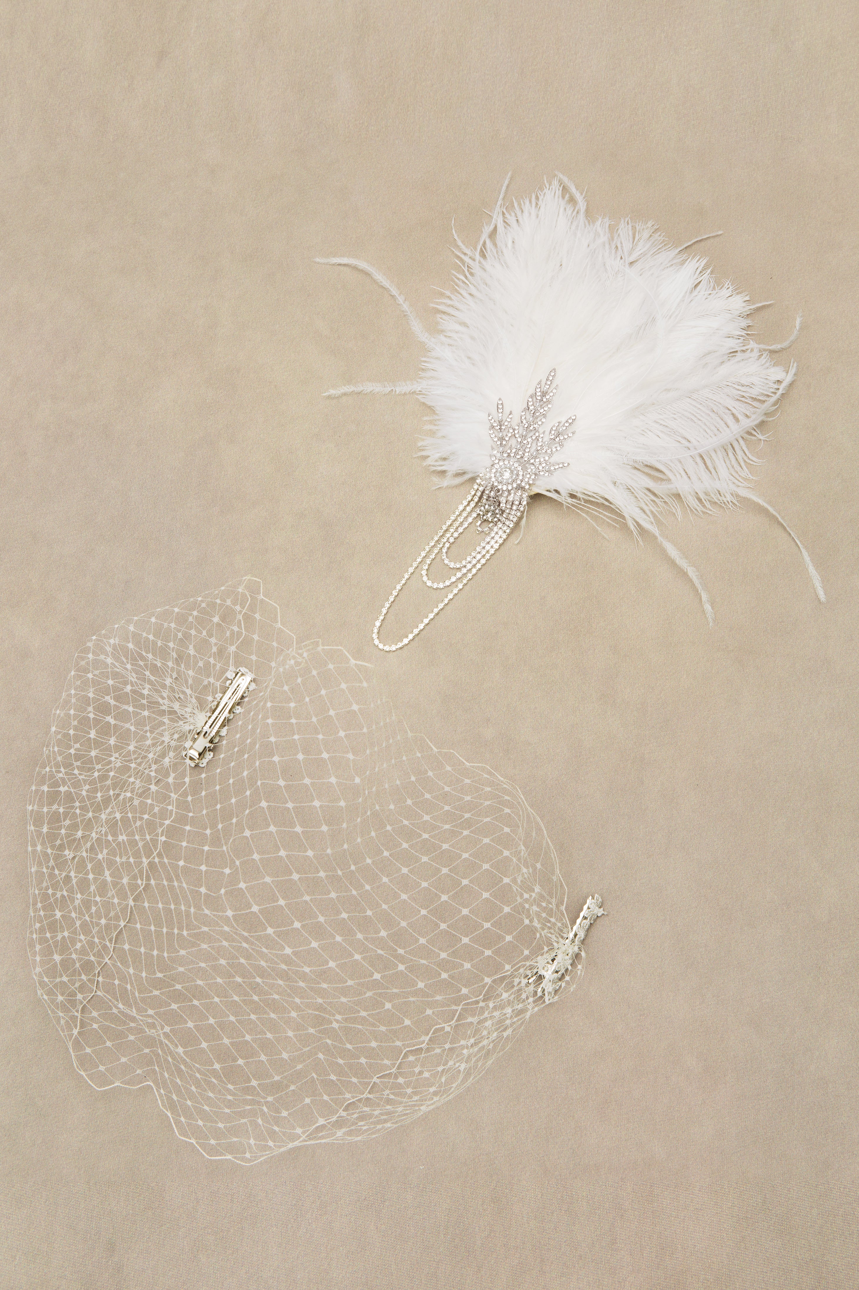 Beaded Leaf Feather Headband With Veil | White| 2