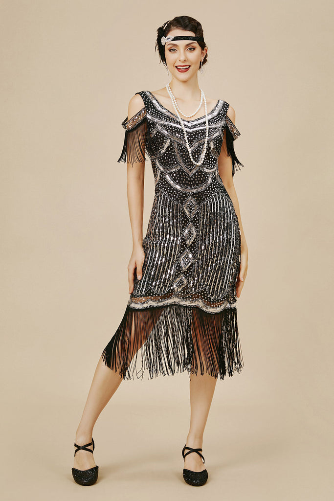 1920s Beaded Off Shoulder Flapper Dress - BABEYOND