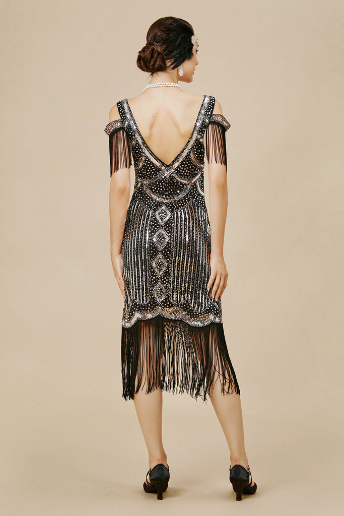 1920s Beaded Off Shoulder Flapper Dress - BABEYOND
