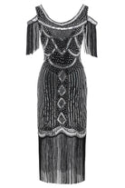 Beaded Off Shoulder Flapper Dress | Blacksilver | 1