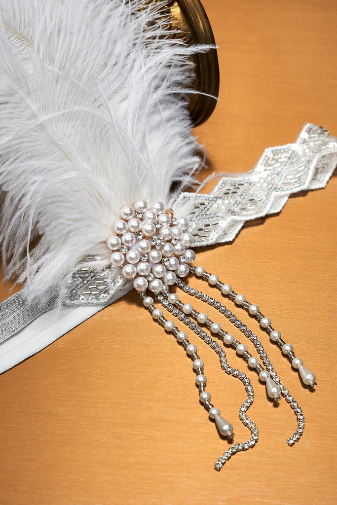Beaded Rhinestone Floral Feather Headband - BABEYOND