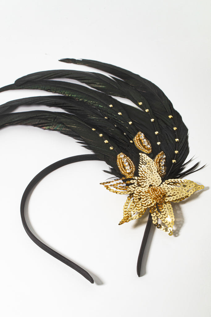 Beaded Sequin Floral Feather Headband - BABEYOND