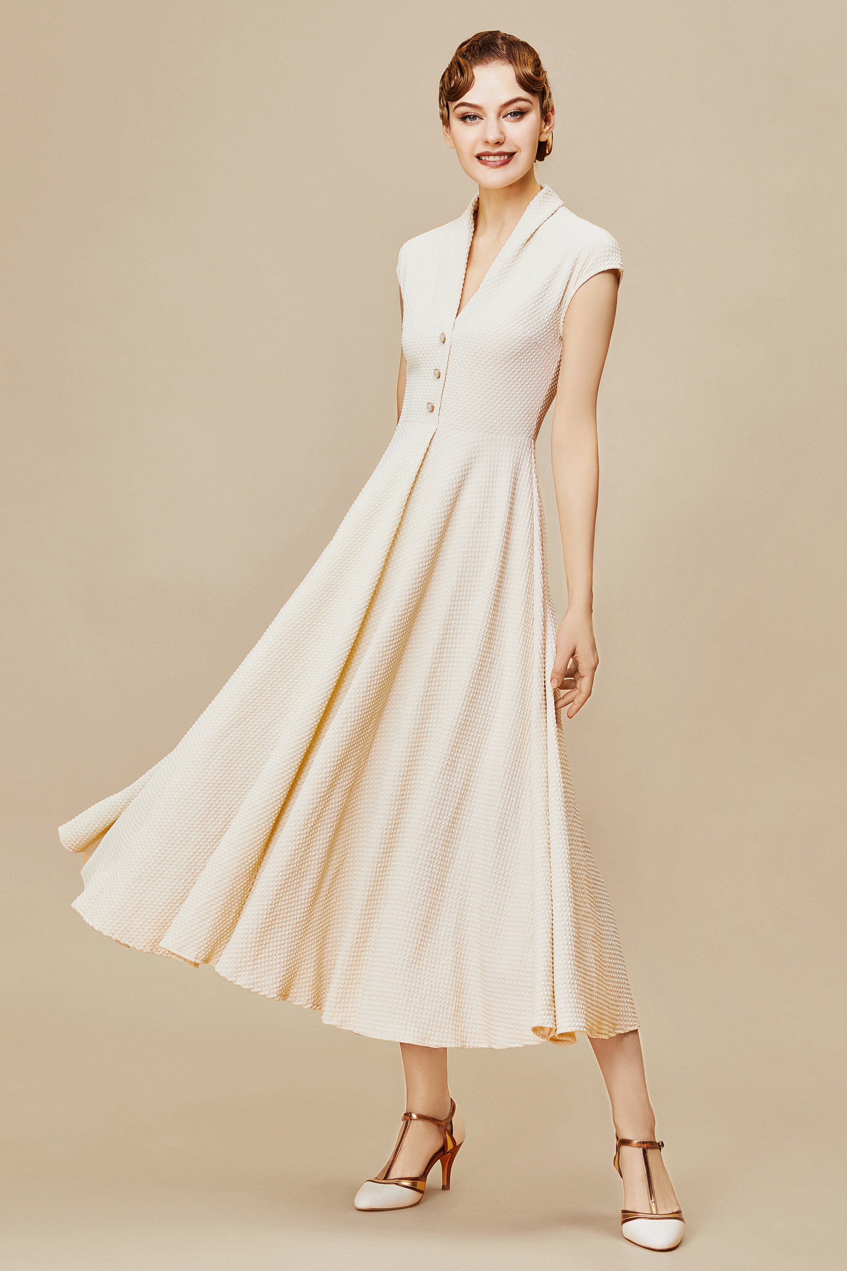 white christmas dresses BABEYOND Vintage 1950s Swing Dress with Cape Sleeves, Elegant 1950s Cocktail Party Dress, Beige, Size L
