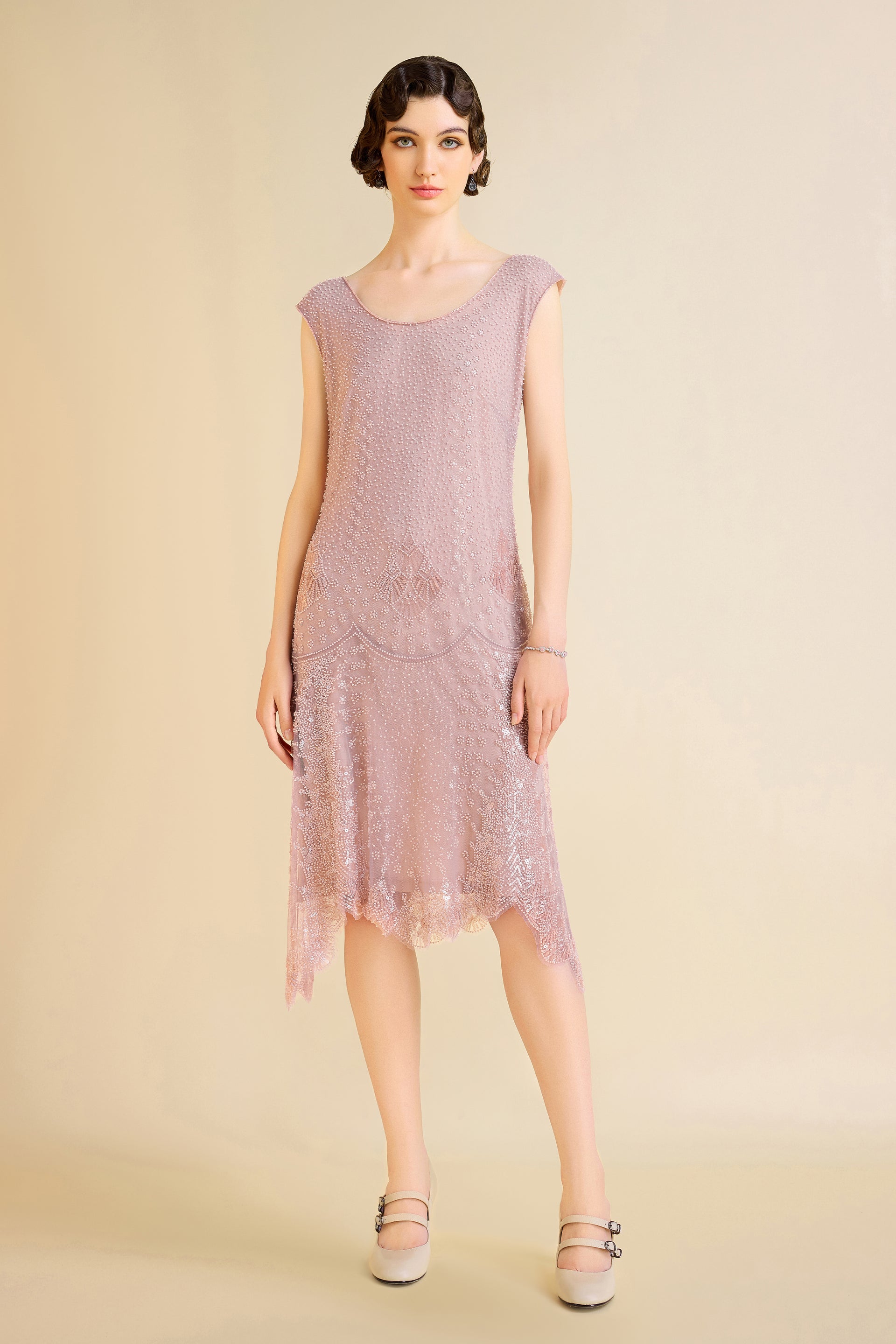 BABEYOND Chic Cap Sleeve H-Line Flapper Dress, 1920s Low Waist Day Dresses, Twenties Theme Party Dress, Pink, Size 2
