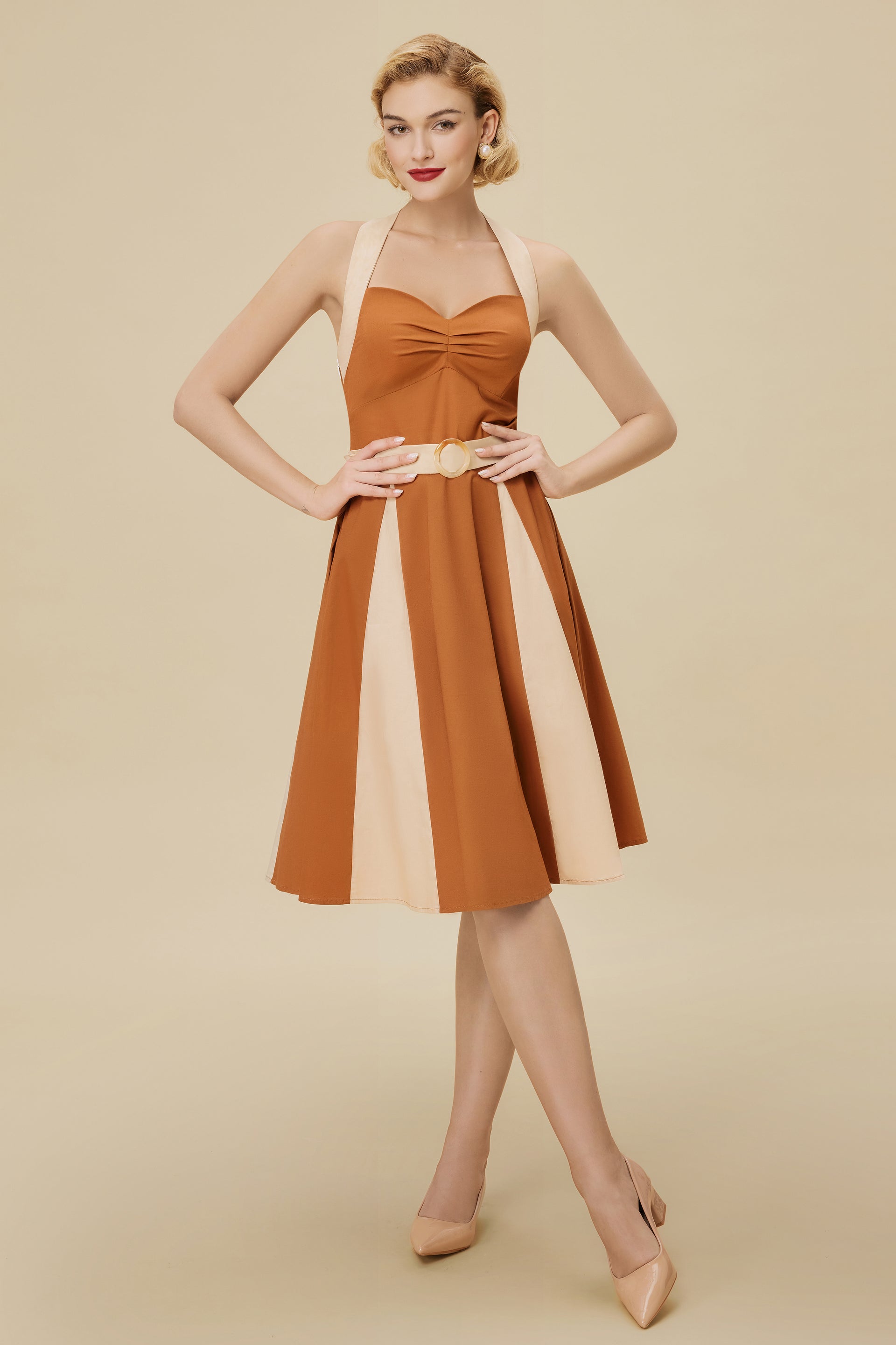 BABEYOND Classic Contrast Panel Swing Dress, 1950s Dress, Antique Garnet / Creamy Ivory, L