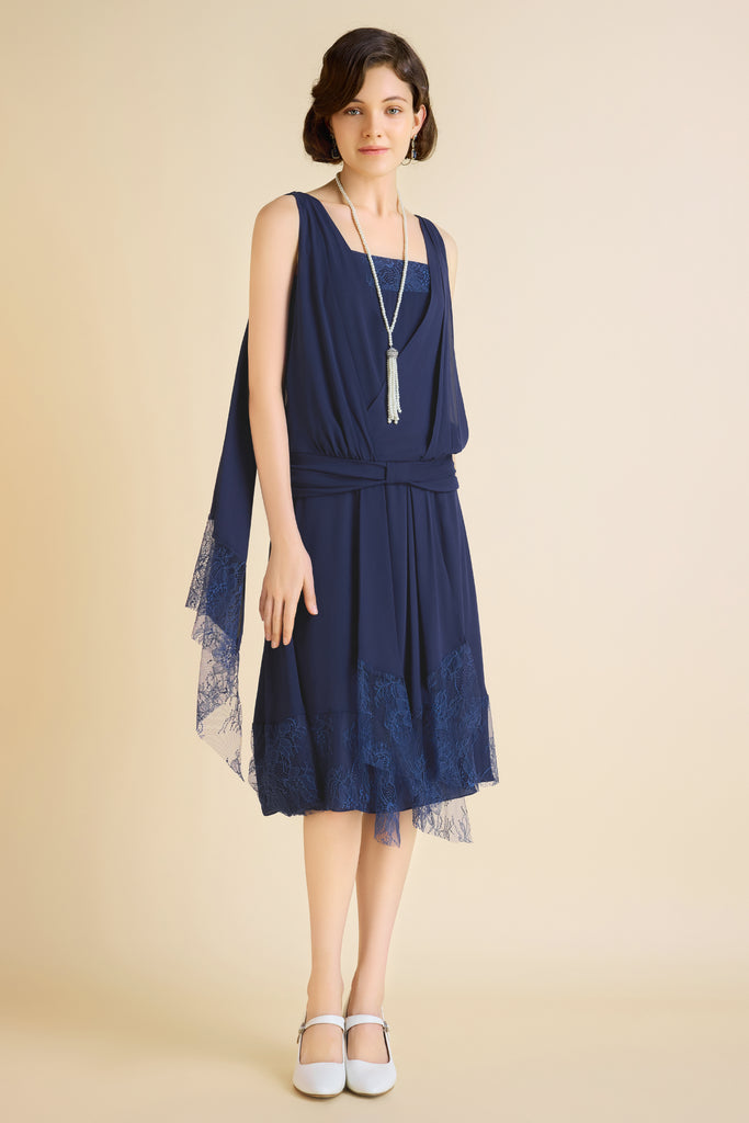 Classic Pleated Waistband Lace Day Dress - BABEYOND