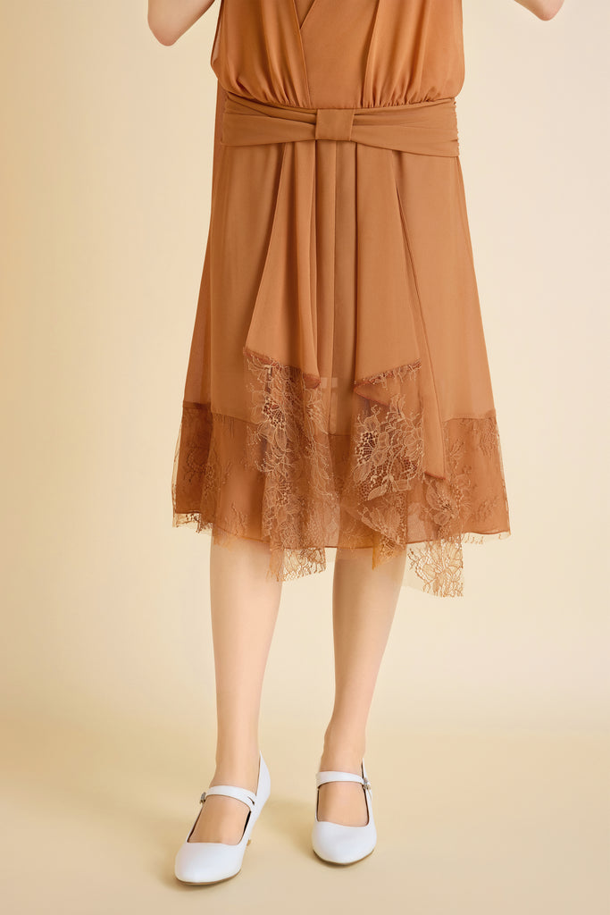 Classic Pleated Waistband Lace Day Dress - BABEYOND