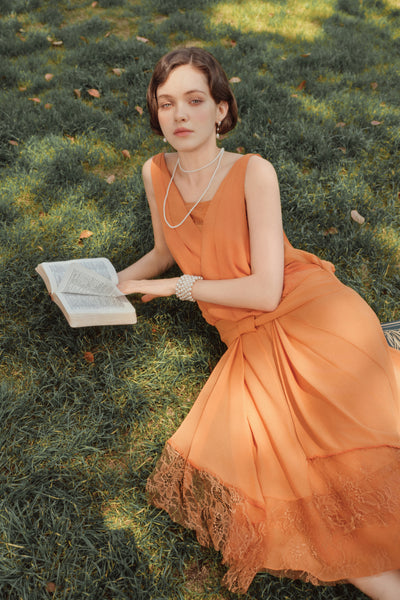 1920s dress casual BABEYOND Pleated Lace Day Dress, Retro Day Dresses, Cinnamon, 18 LowStock:43544770969651 you must choose actual White Chiffon Cocktail Dress: Rent/Buy:Rent (First User)