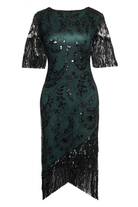 Embellished Sequin Fringe Art Deco Dress | Dark Green | 11