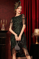 Embellished Sequin Fringe Art Deco Dress | Dark Green | 12