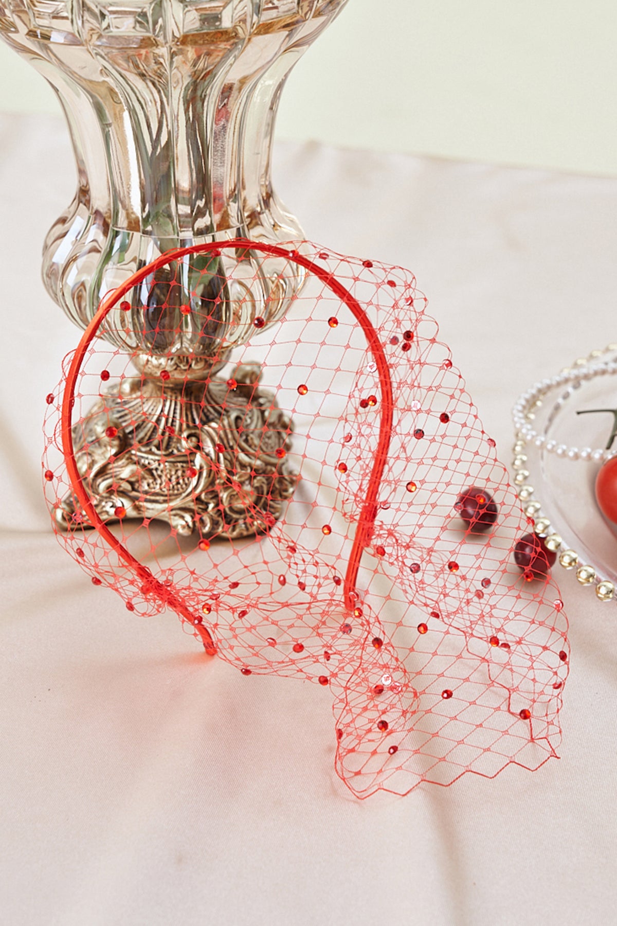 Elegant Red Beaded Fascinator Shop Fascinator Hat - Elegant Veil Tea Party Fascinator  main image 3
