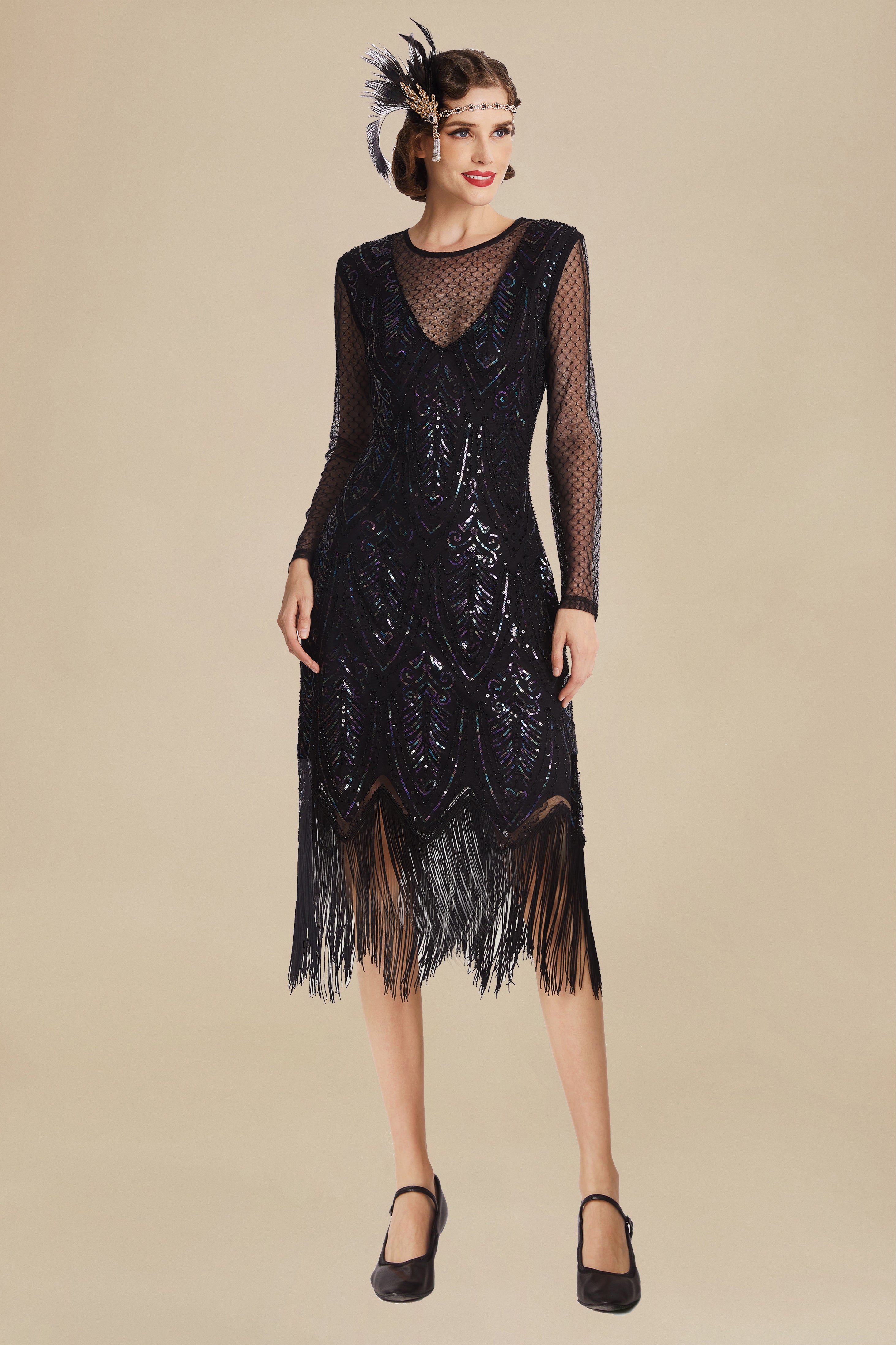 BABEYOND Elegant See-through Long Sleeve Fringed Flapper Roaring 20s Dance Party Dress, Black, Size M