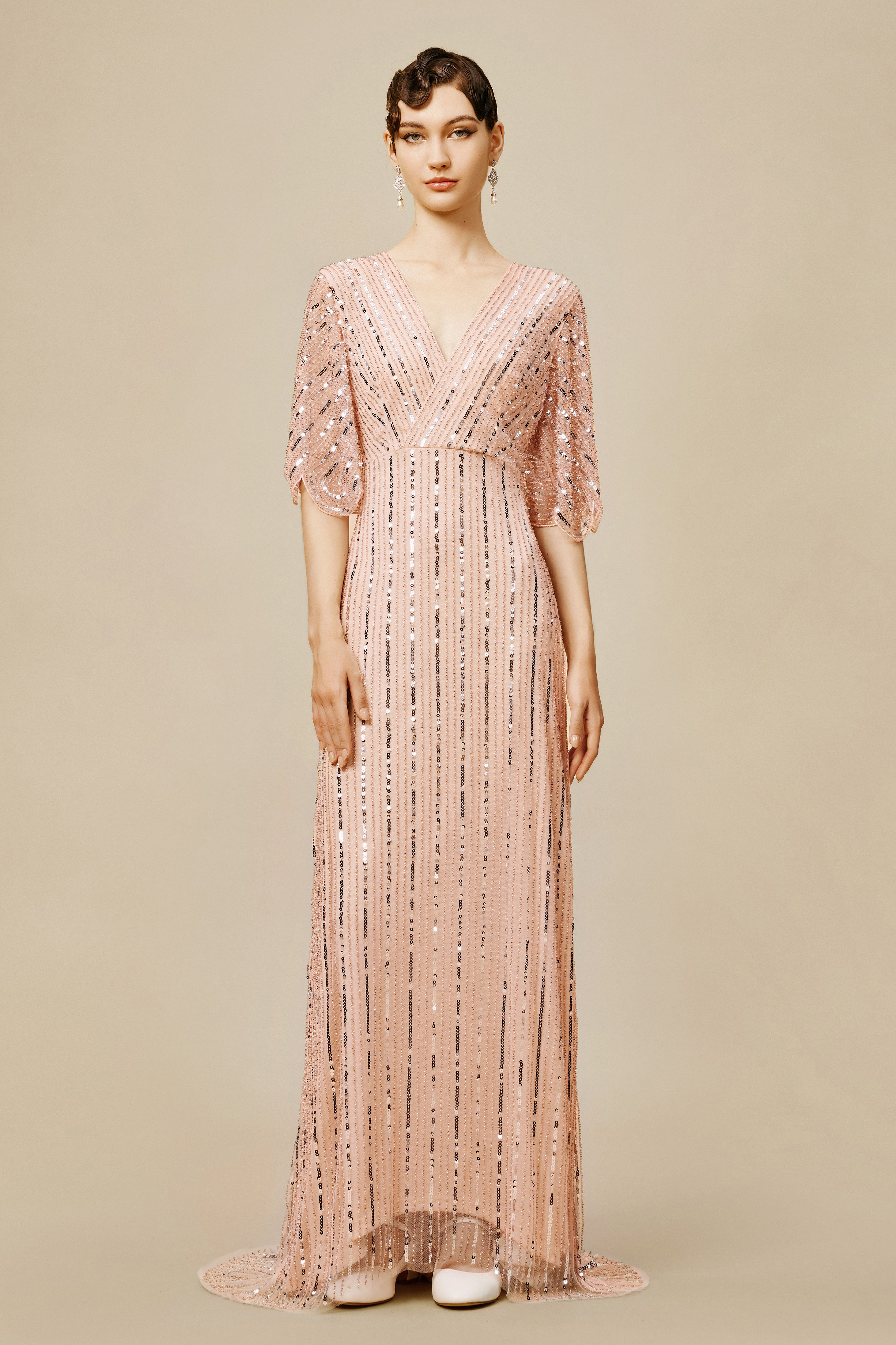 Embellished Sequin Cape Sleeve Dress | Pink | 1