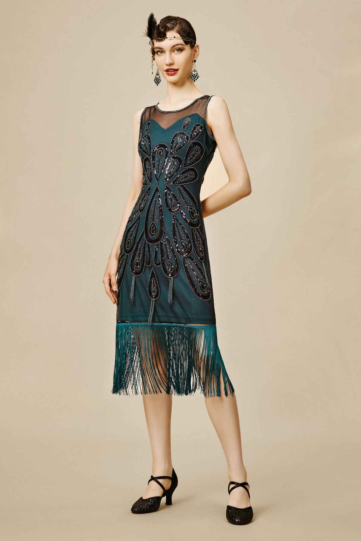 green tassel dress BABEYOND Classy Sleeveless 1920s Fashion Party Dresses, Sequin Speakeasy Dress, Dark Green, Size 8 20% VISCOSE free pleated midi dress Strapless Open Back Golden Child  Size:4(110CM)