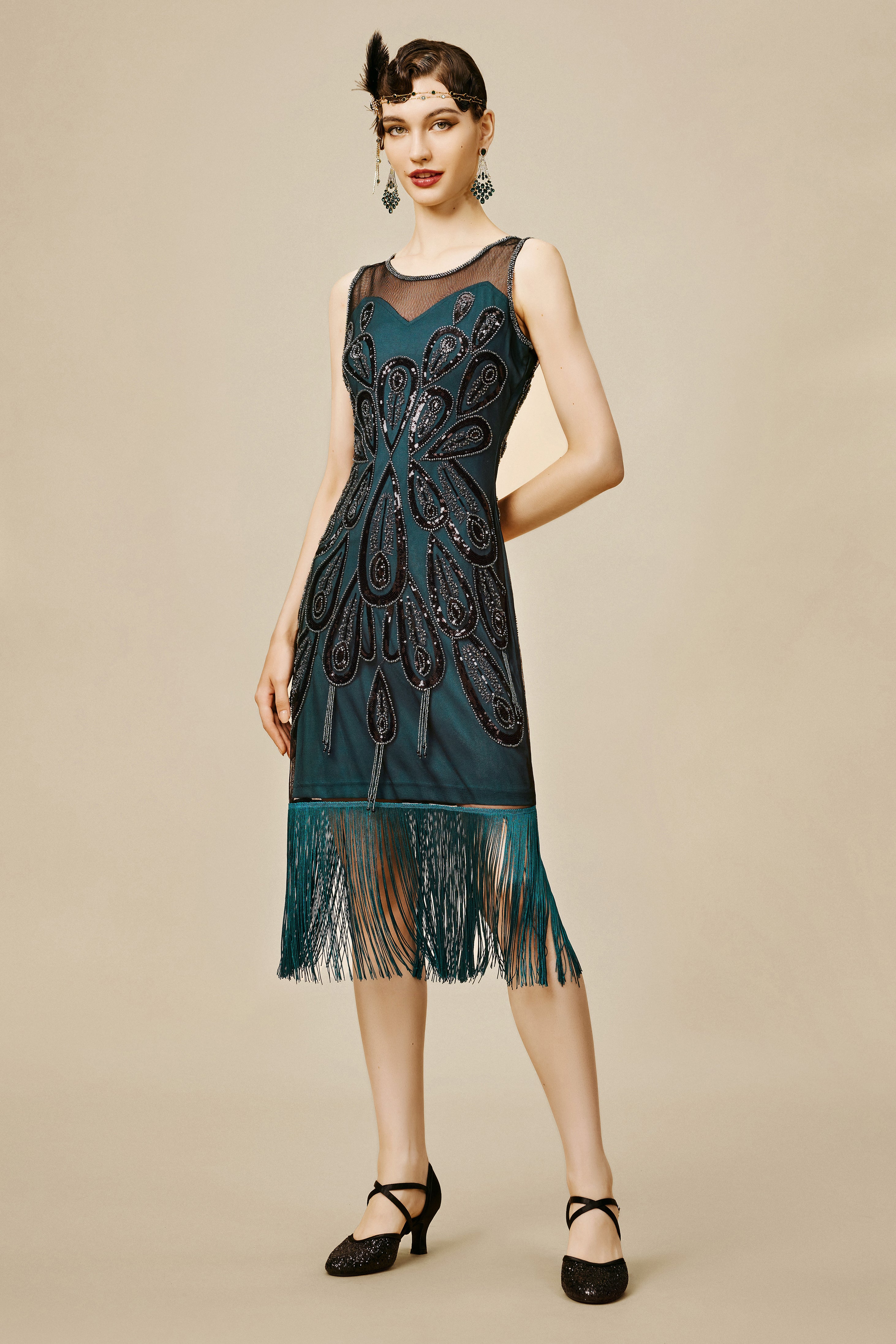 Embellished Sequin Peacock Tassel Dress | Darkgreen | 1