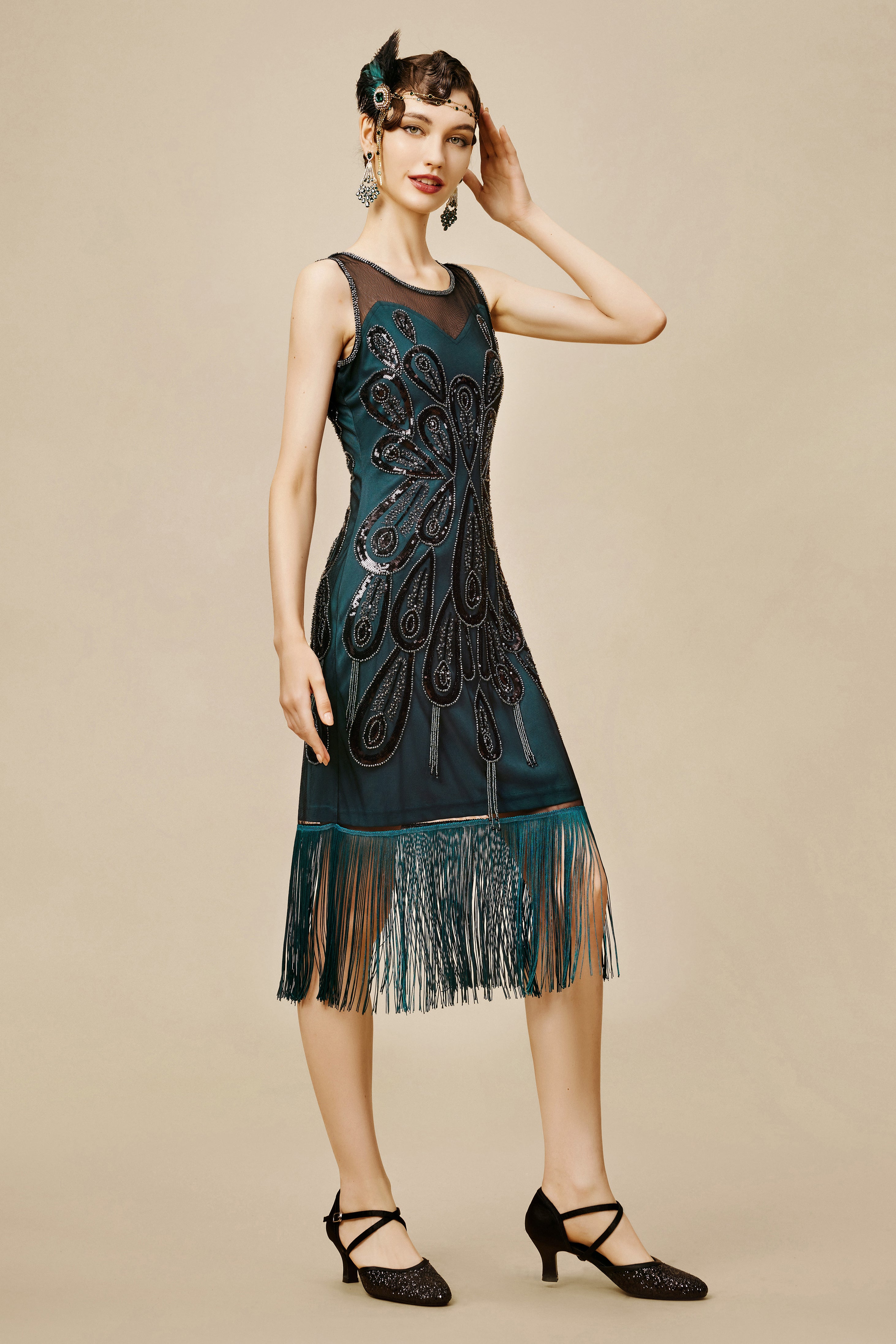 Embellished Sequin Peacock Tassel Dress | Darkgreen | 4