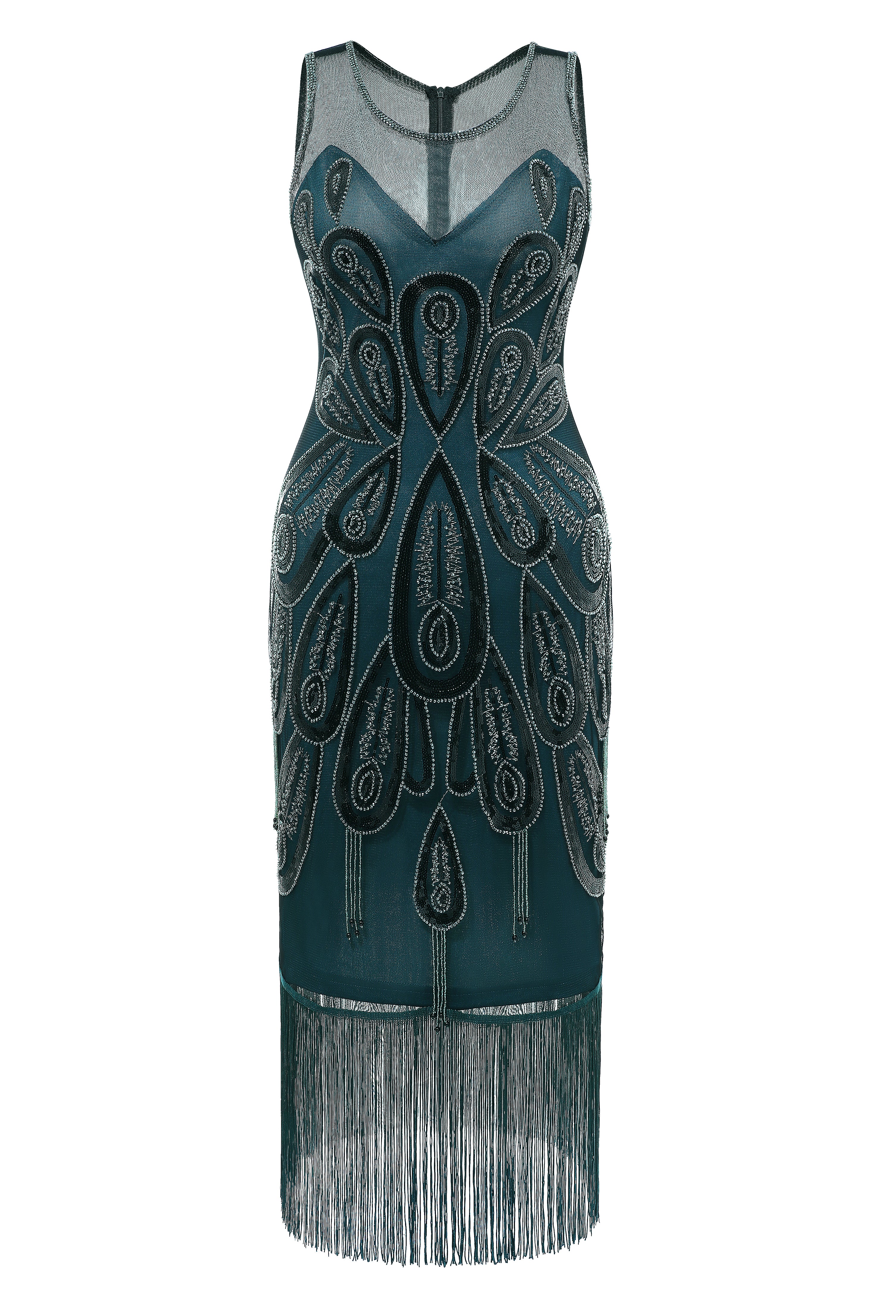 Embellished Sequin Peacock Tassel Dress | Darkgreen | 3