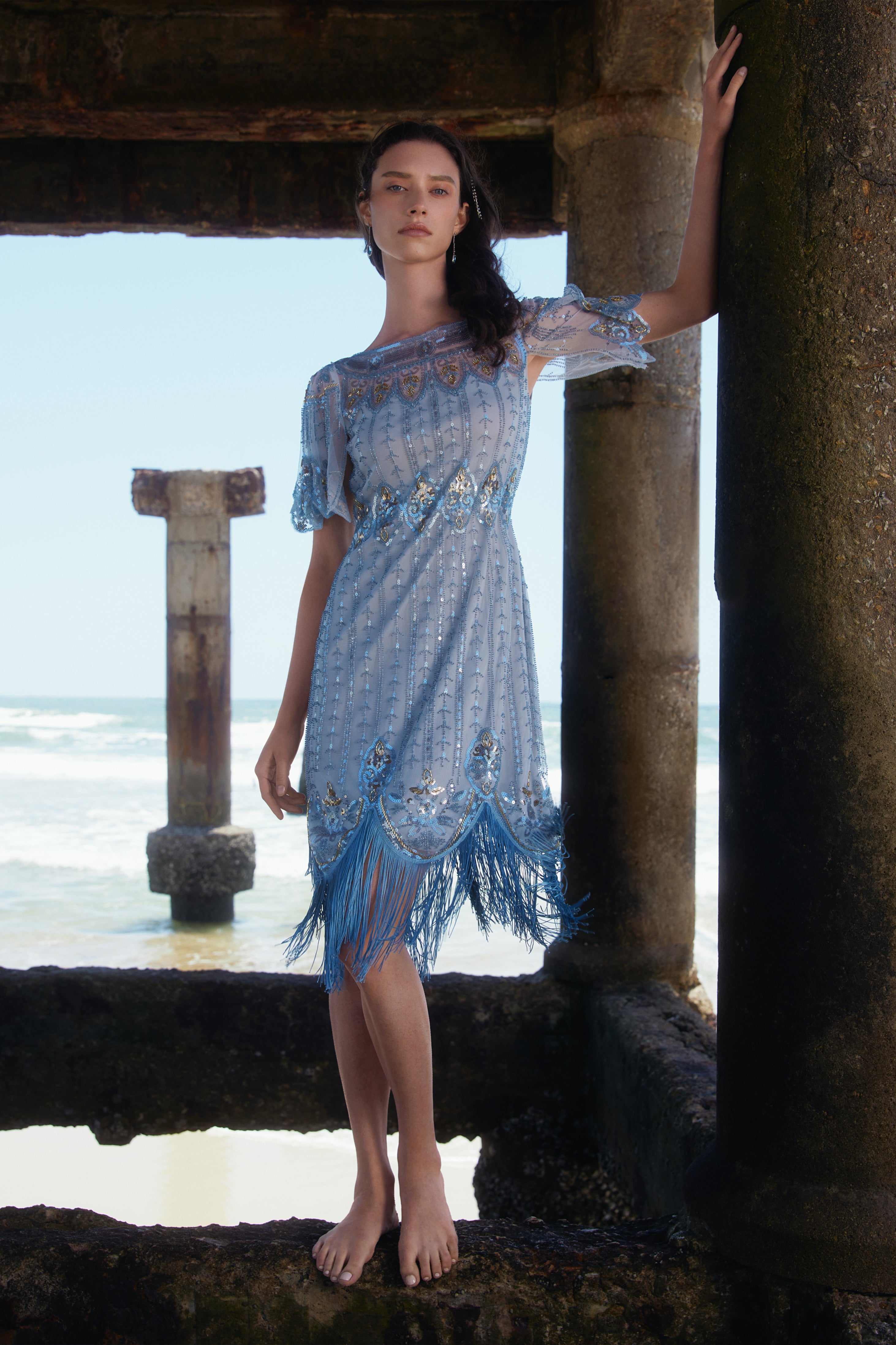 BABEYOND Floral Beaded Fringe 1920s Style Bridesmaids Dress, Vintage Evening Dress for 1920s Theme Wedding, Blue, Size 4