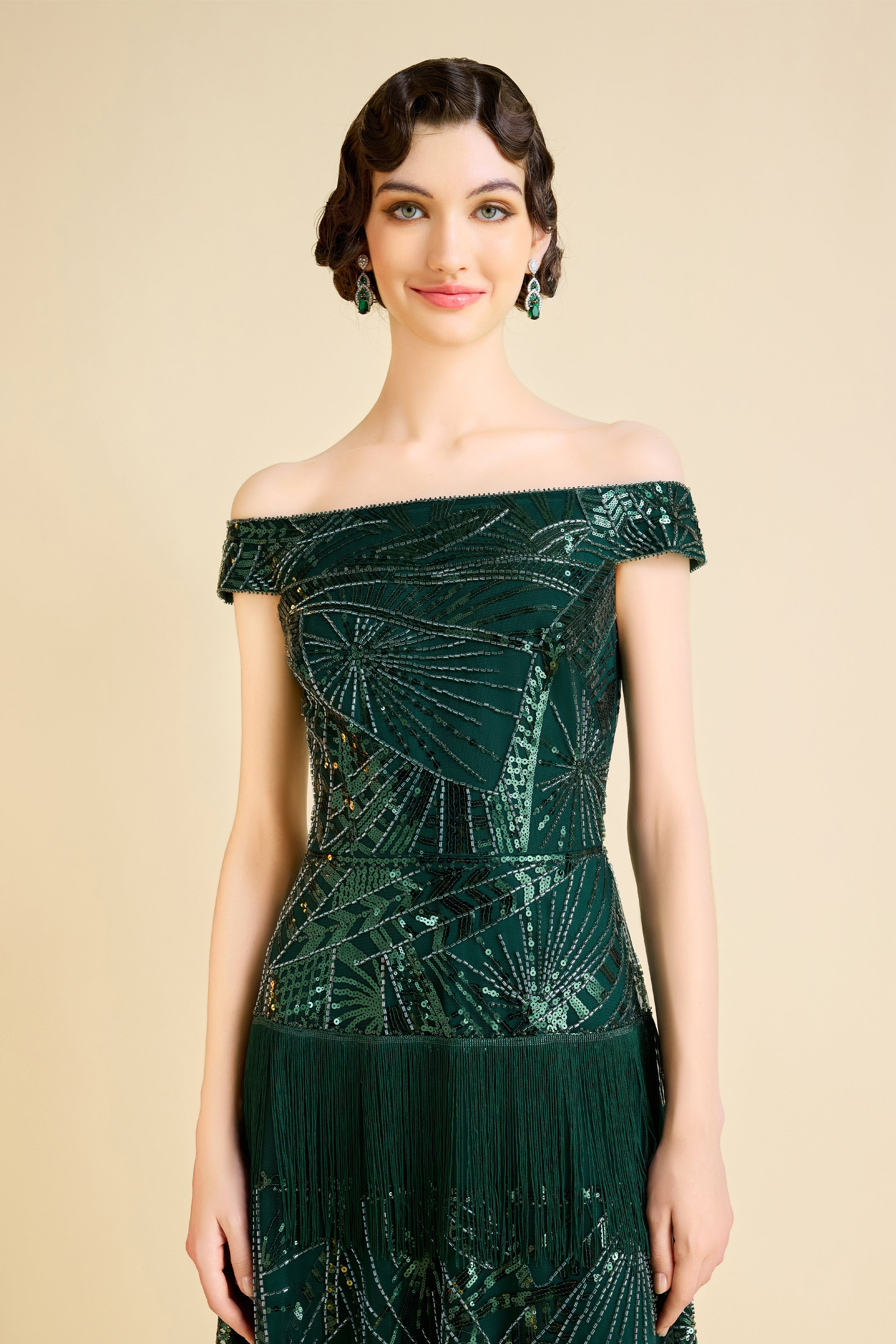 Long Sleeve Geometric Beaded Gown
