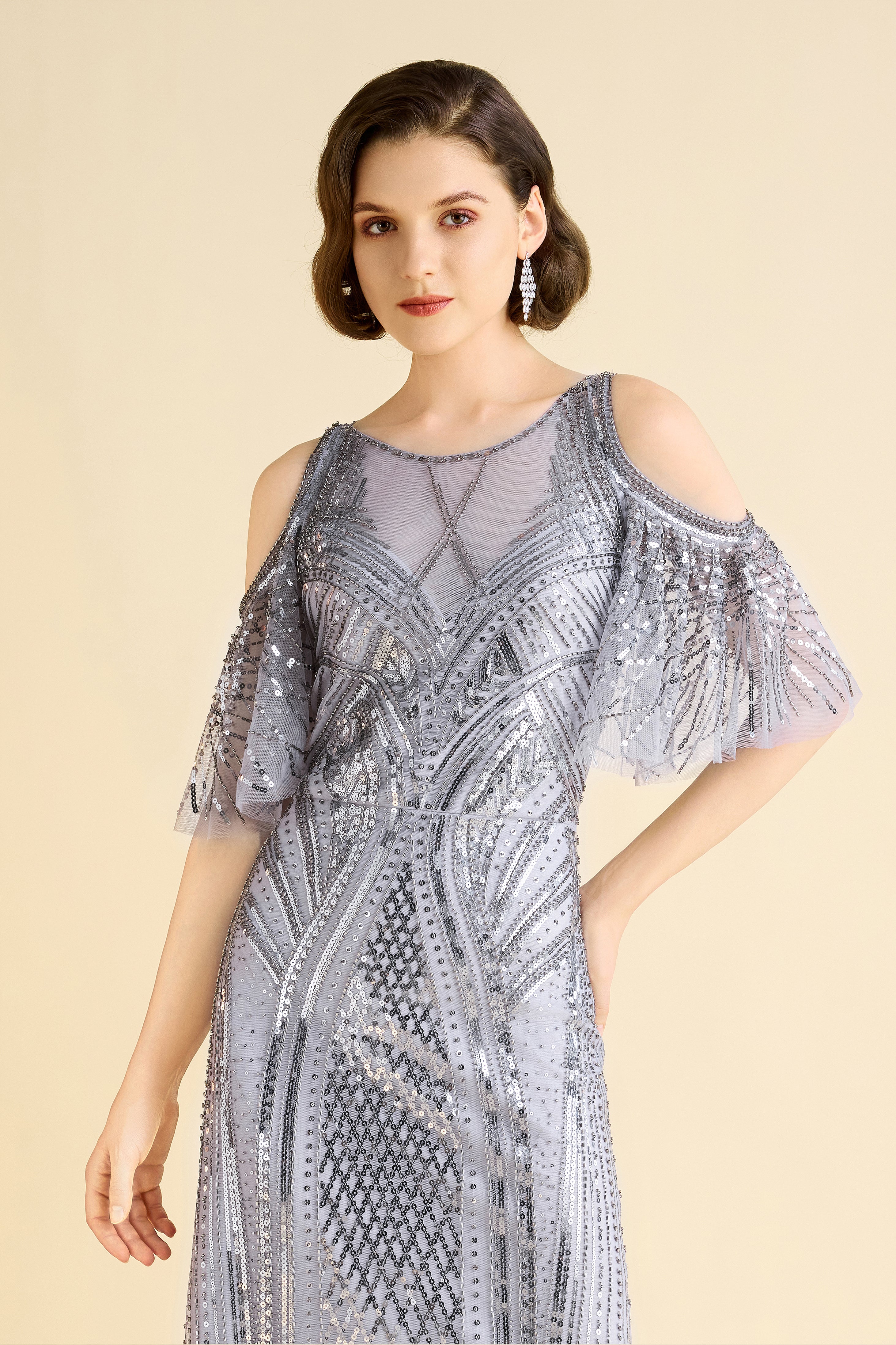 BABEYOND Glamorous Off Shoulder Sequin 1920s Costume Evening Gowns, Lavender Gray, Size 6