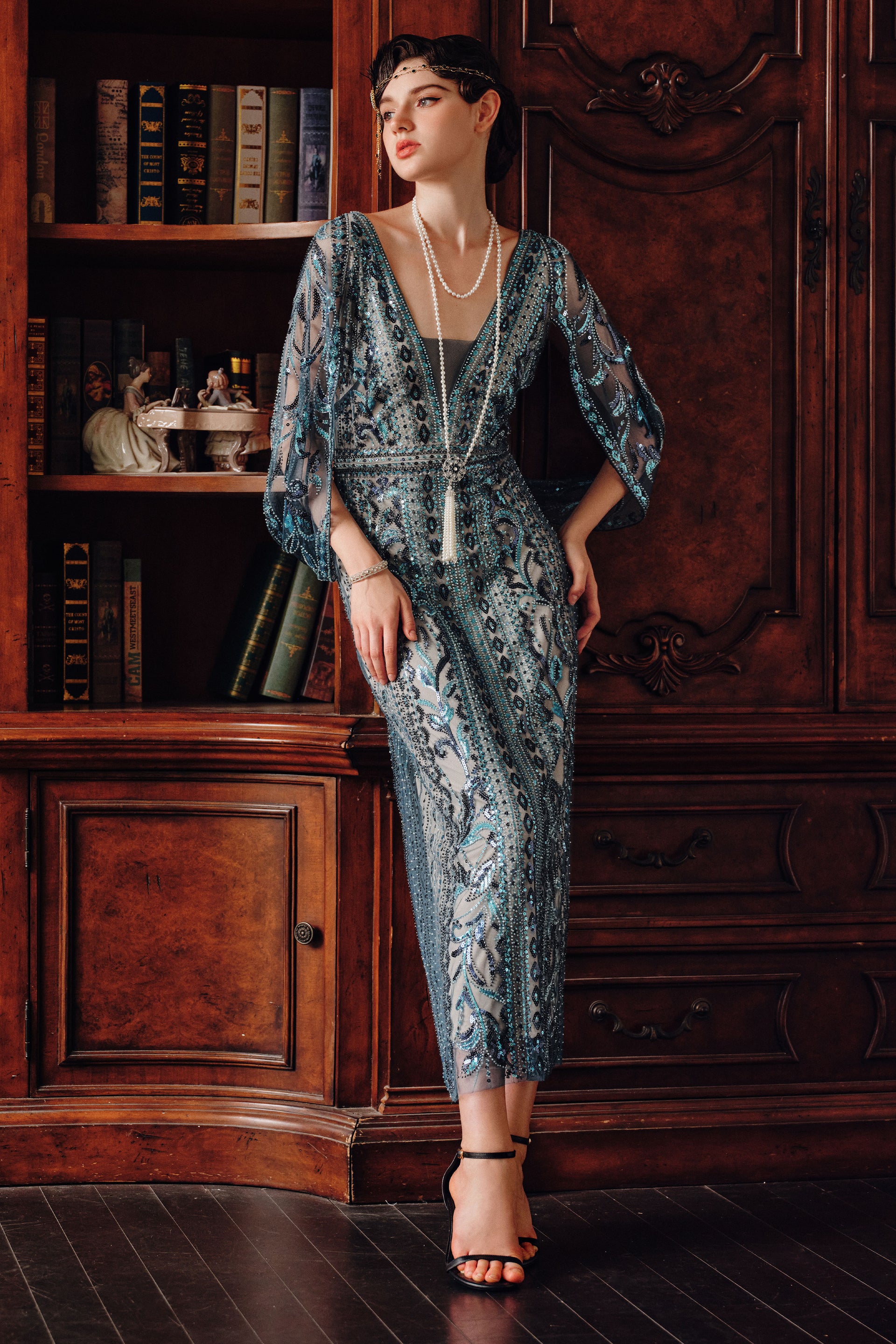 sequin hand beaded long sleeve formal dress reviews BABEYOND Sheer-Sleeve Sequined Evening Gown, Evening Gowns, Deep Teal Slate