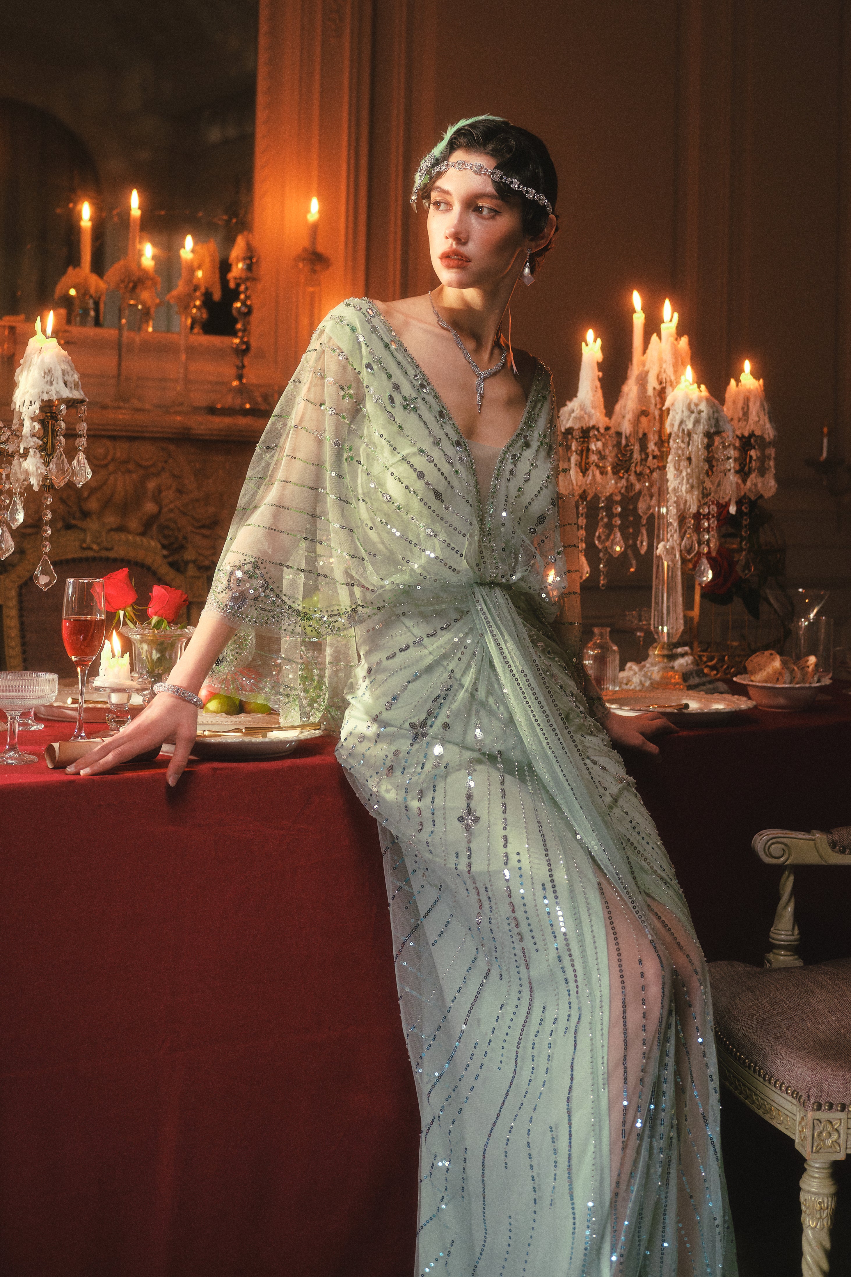 Shop Evening Gowns - 1920s Gradient Sequin Cape Dress | BABEYOND Shop Evening Gowns - 1920s Gradient Sequin Cape Dress | BABEYOND