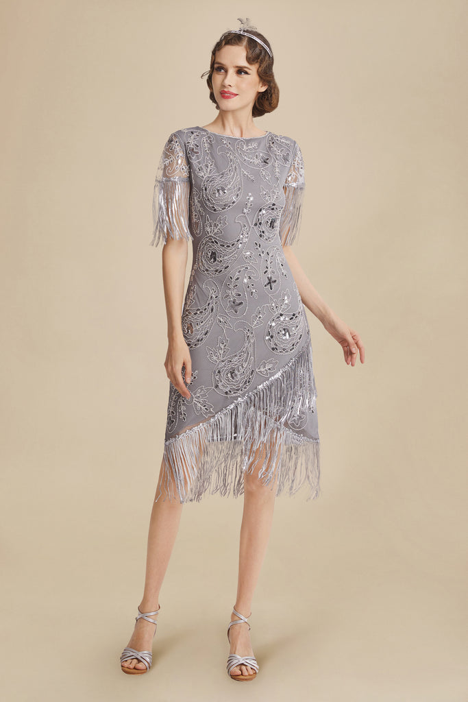 Embellished Fringe Sequin Art Deco Dress - BABEYOND