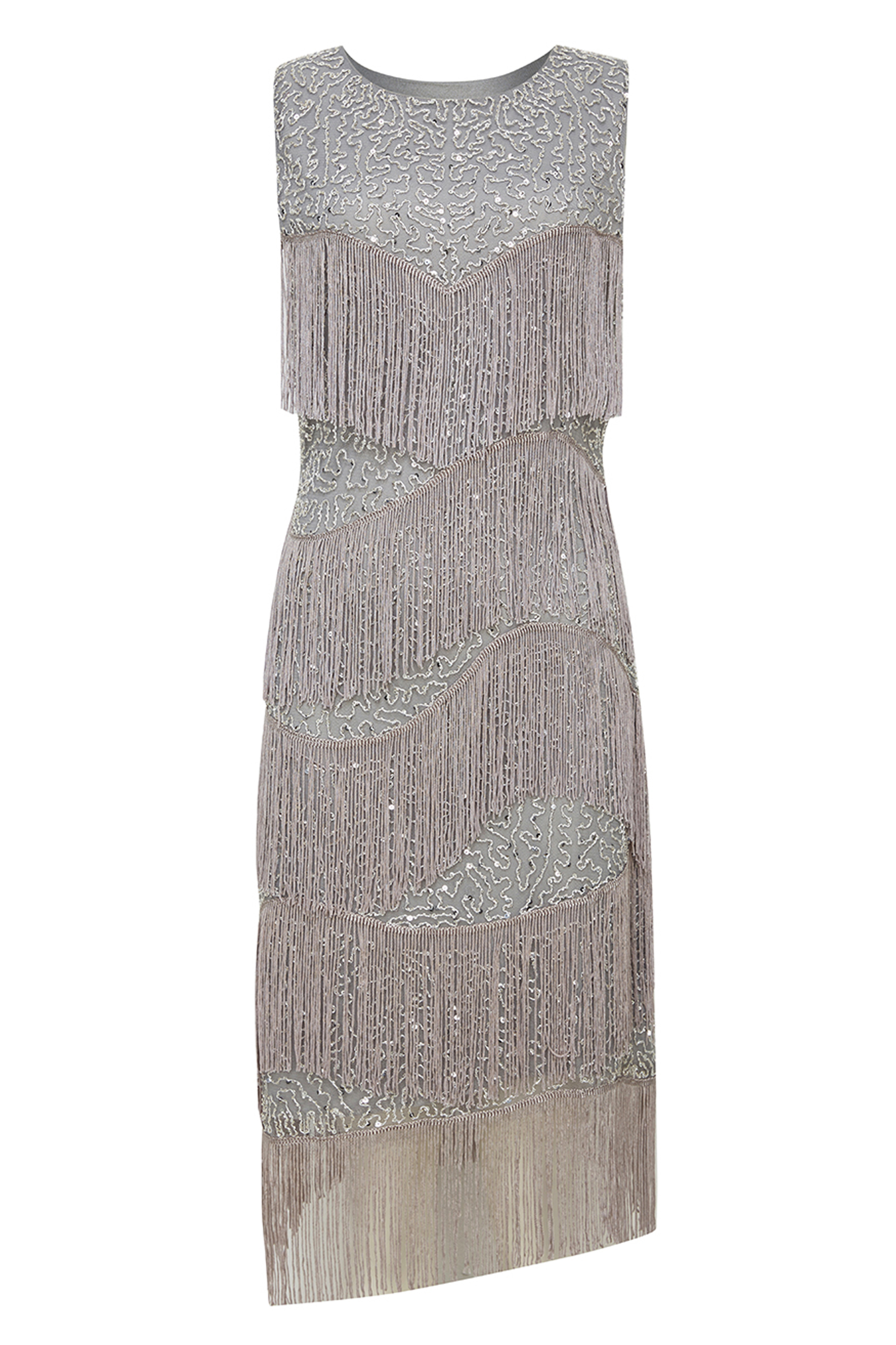 Glitter Tiered Fringe Bias Hem Dress | Light Gray | 5