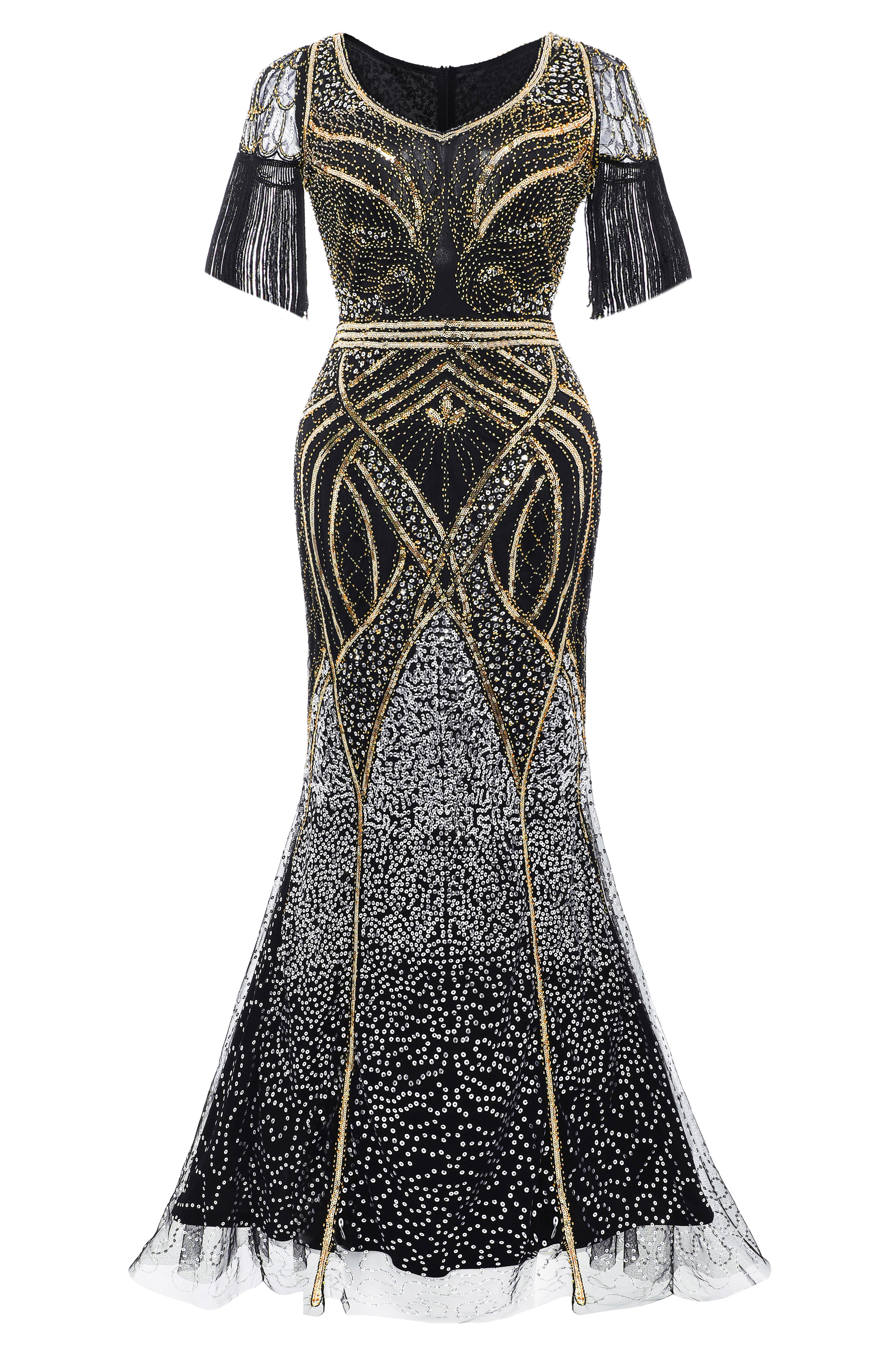 BABEYOND Art Deco Fringe Sleeve Plus Size 20s Formal Dress, 1920s Maternity Evening Dress, Black / Gold, Size 4XL