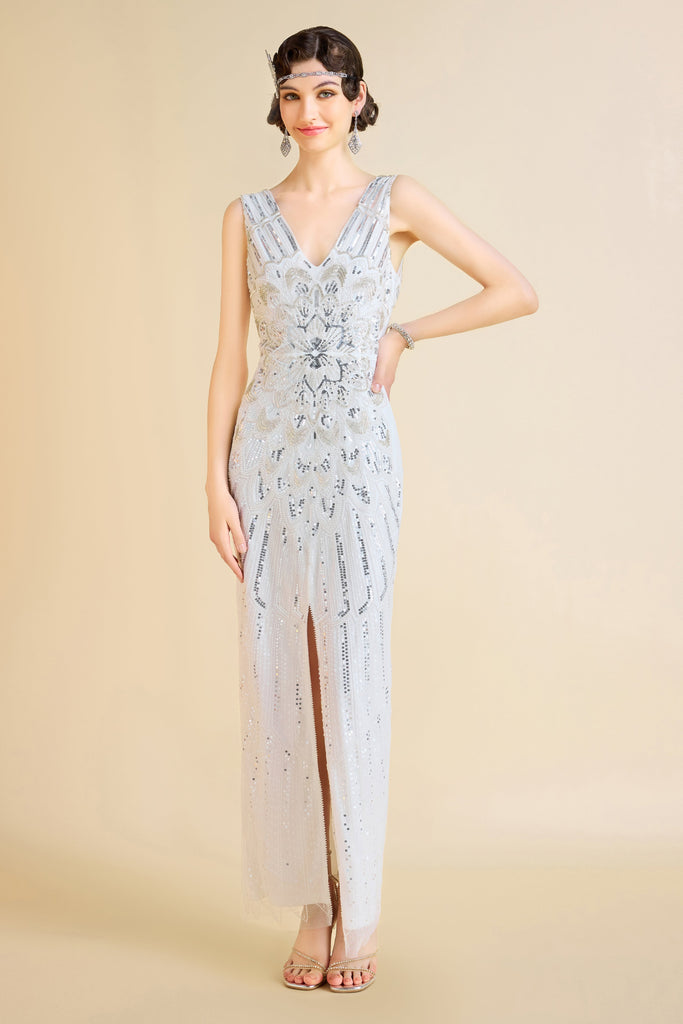 Glamorous Peacock Sequin Slit Evening Gown - BABEYOND