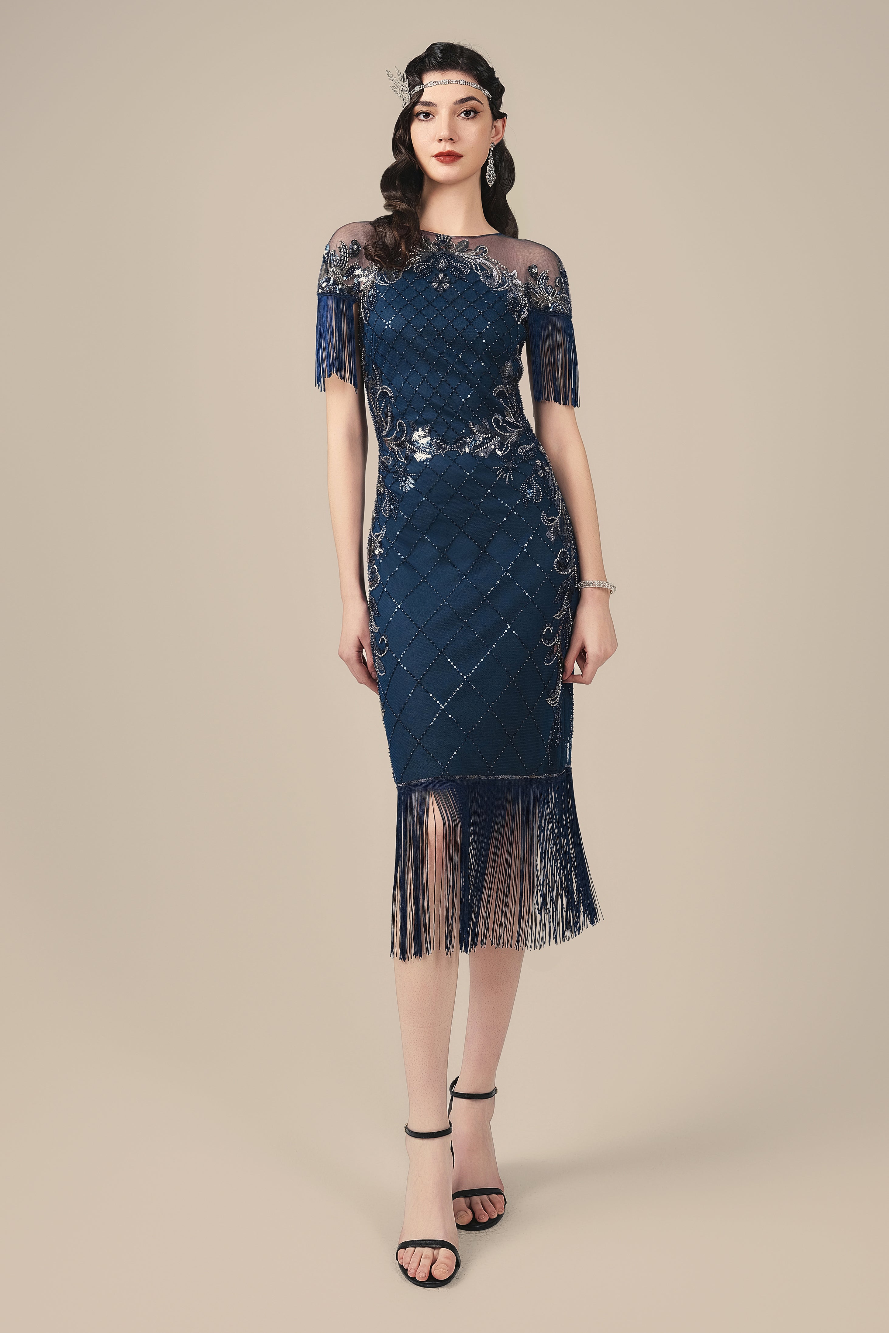 BABEYOND Diamond Fringe Flapper Dresses, 1920s Dresses, Midnight Blue, 10