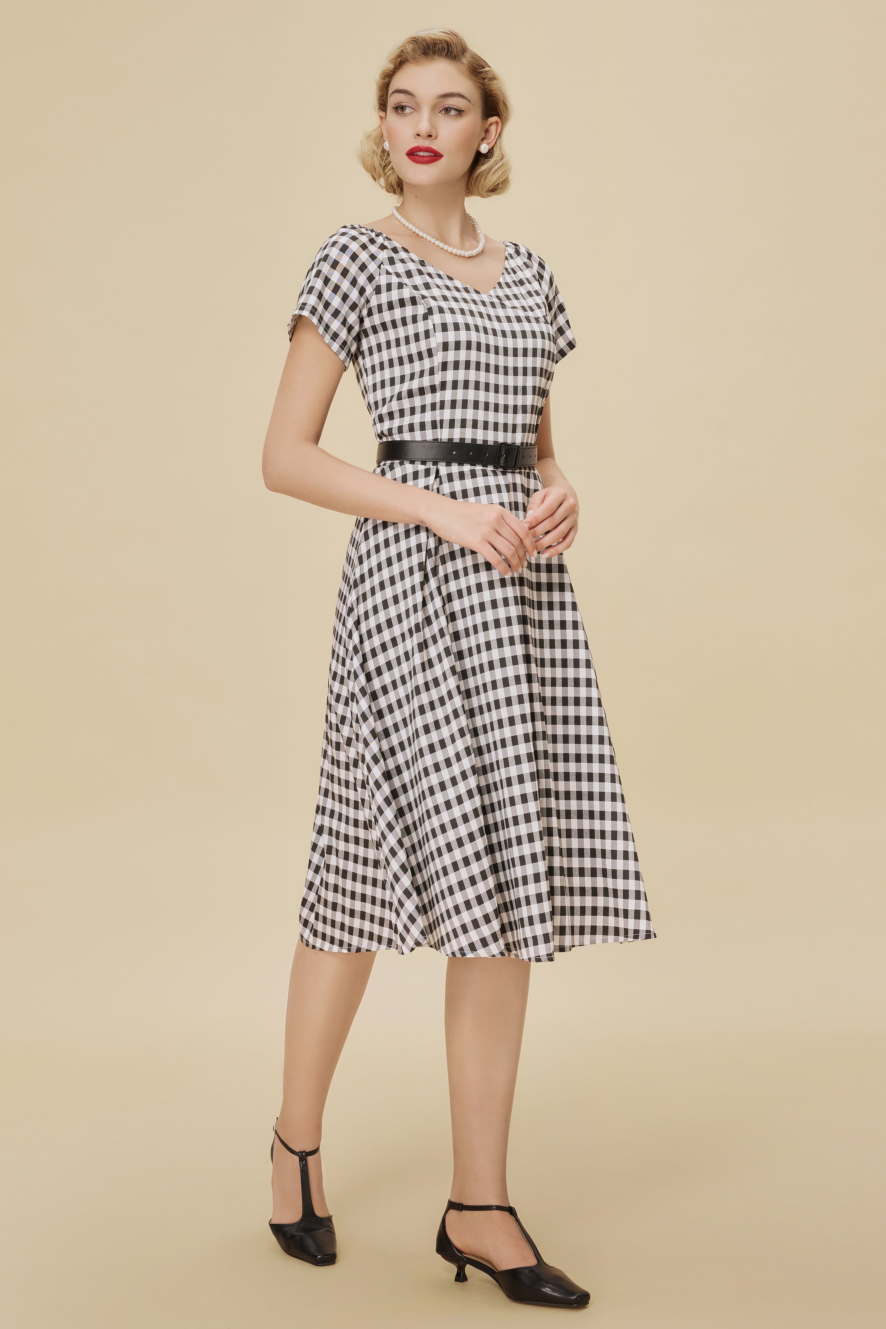 Convertible Neckline Gingham Fit-and-Flare Swing Dress