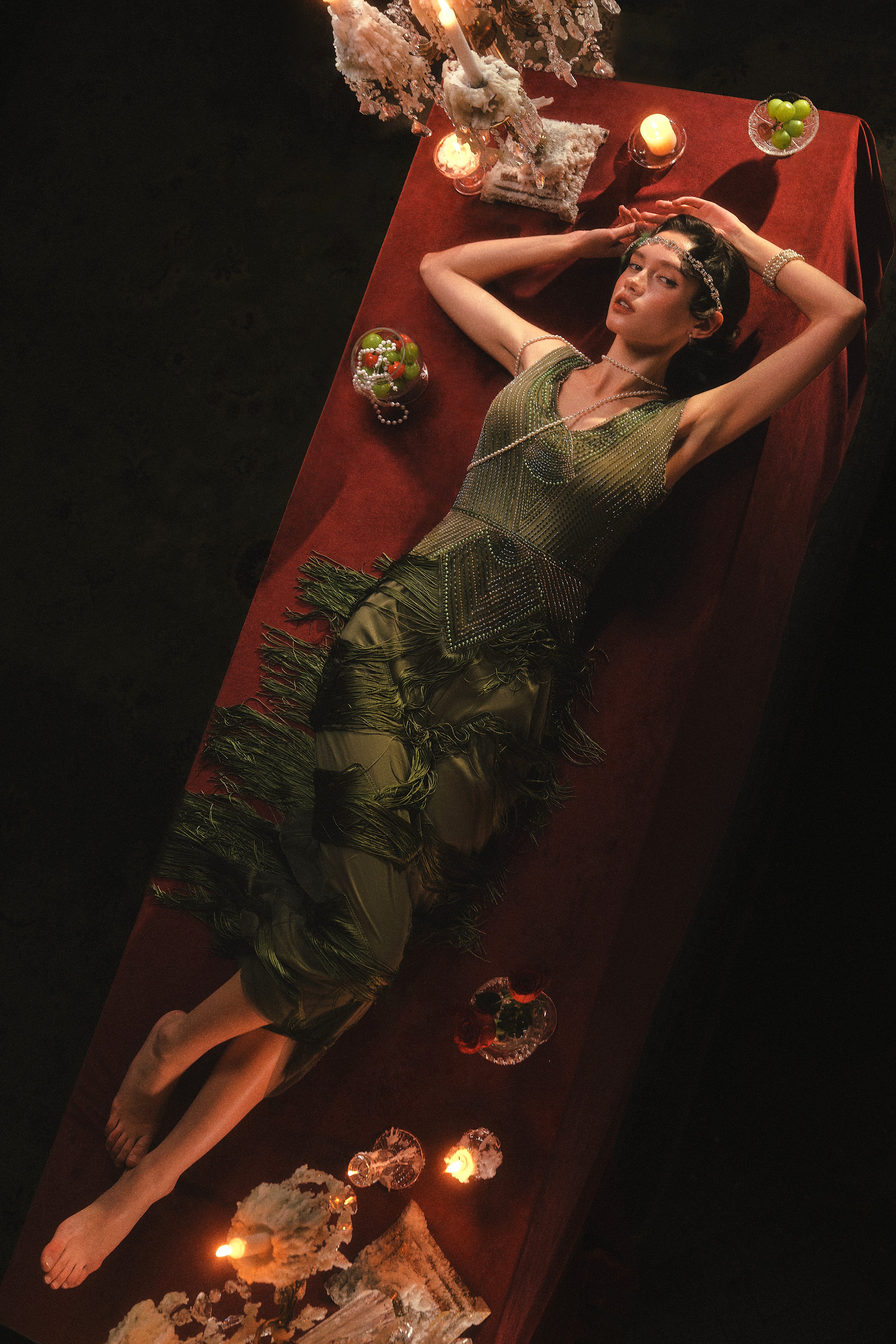 BABEYOND Olive Veil Sleeveless 1920s Geometric Multi Fringes Long Flapper Dress, Size 16
