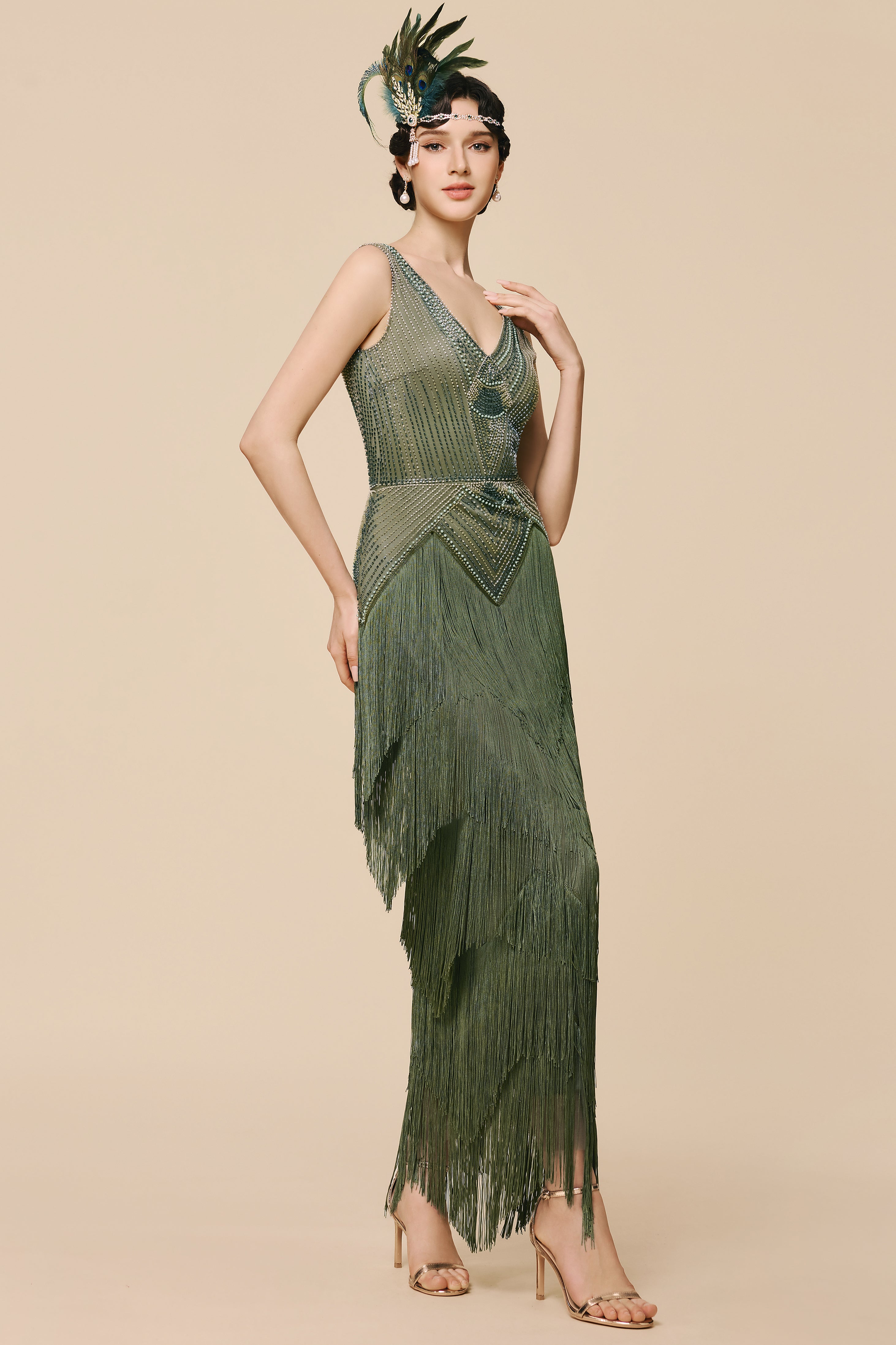 Olive Geometric Beaded Fringe Evening Gown