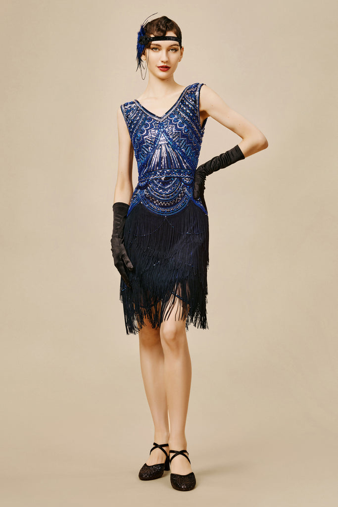 Sophisticated V-neck Sequin Fringe Dress - BABEYOND