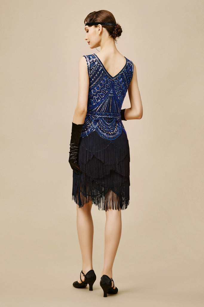 Sophisticated V-neck Sequin Fringe Dress - BABEYOND