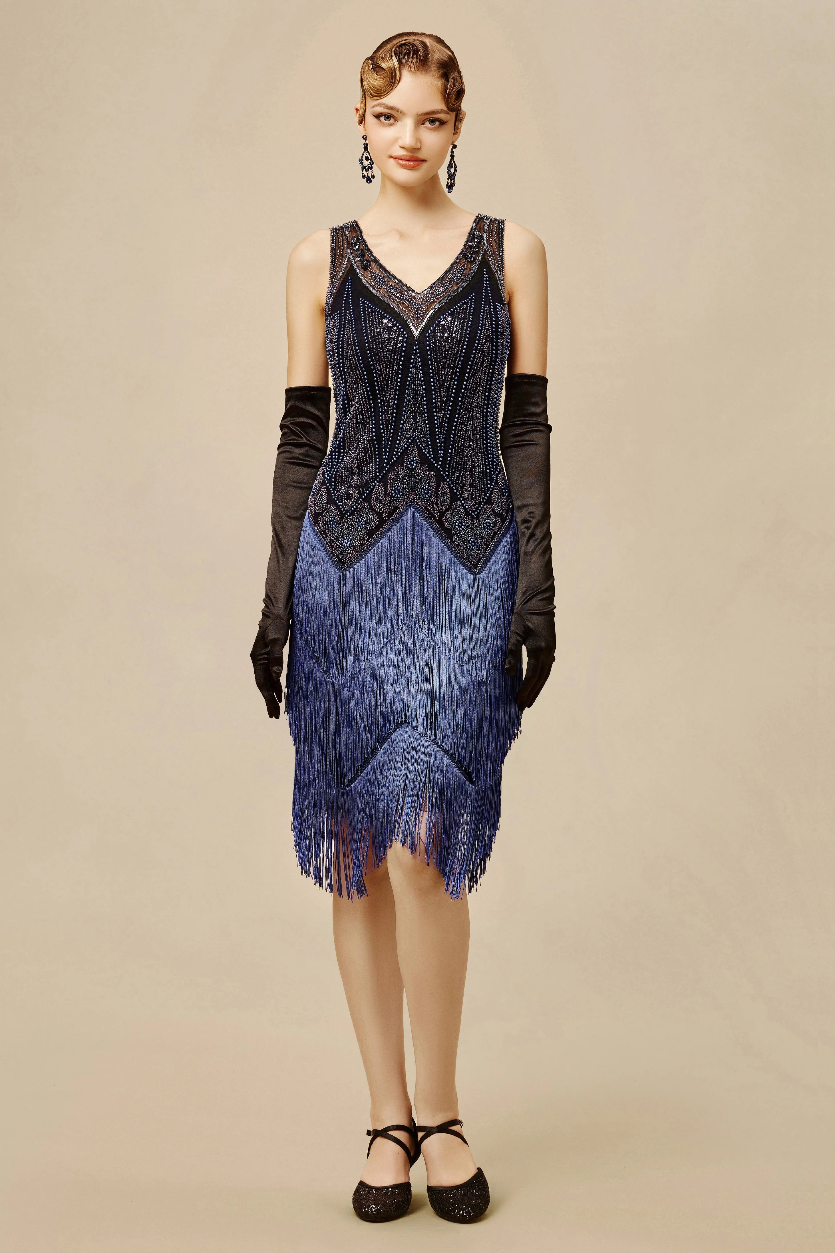 Princesse Tam Tam Beaded Sequins Flapper Dress, blue/black