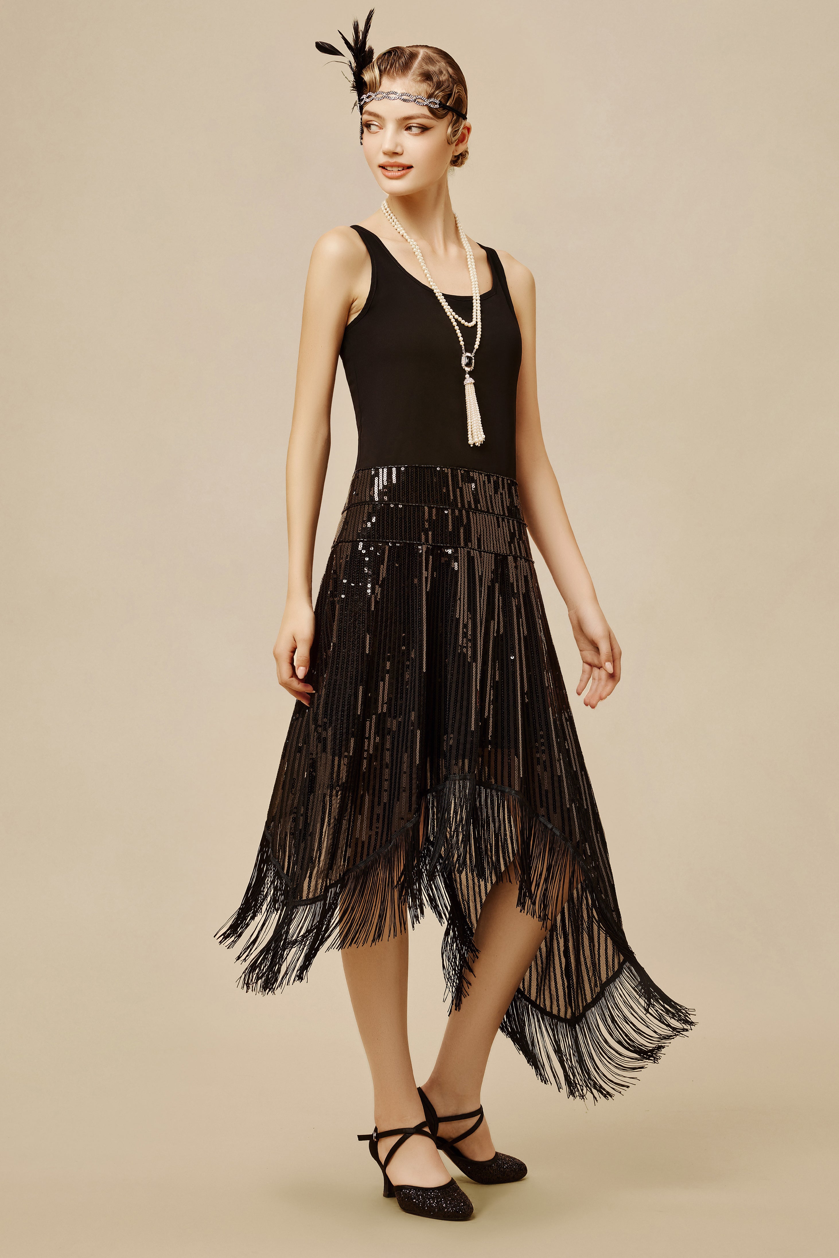 BABEYOND Black Sequin Classy Low Waist 1920s Casual Dresses, Retro Cocktail Dress for Roaring 20s Party, Size 6