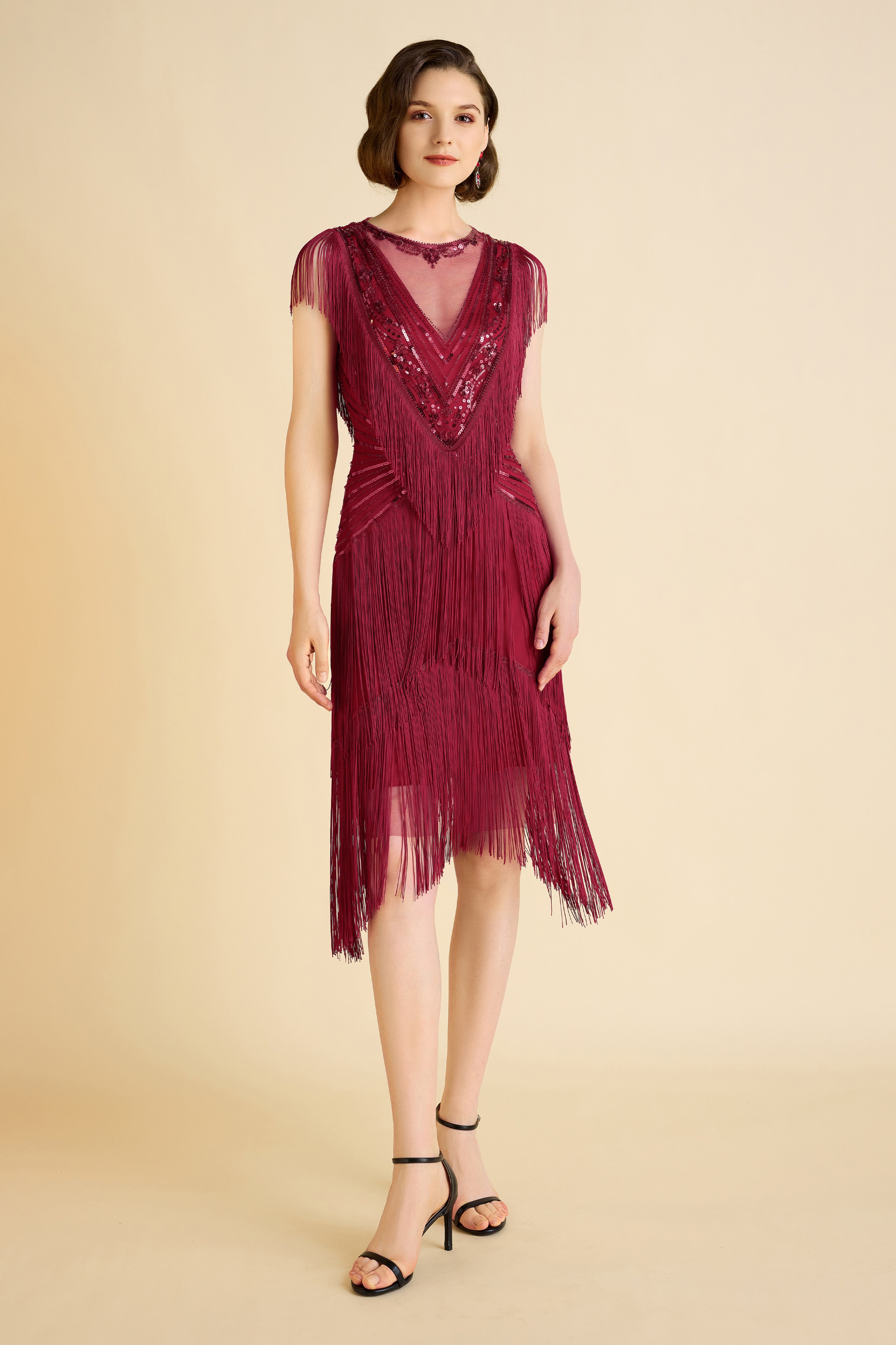 BABEYOND Sequin Fringed Neck 1920s Costume Dance Dress, Golden Roaring 20s Fashion Gatsby Party Dresses, Red, Size 8