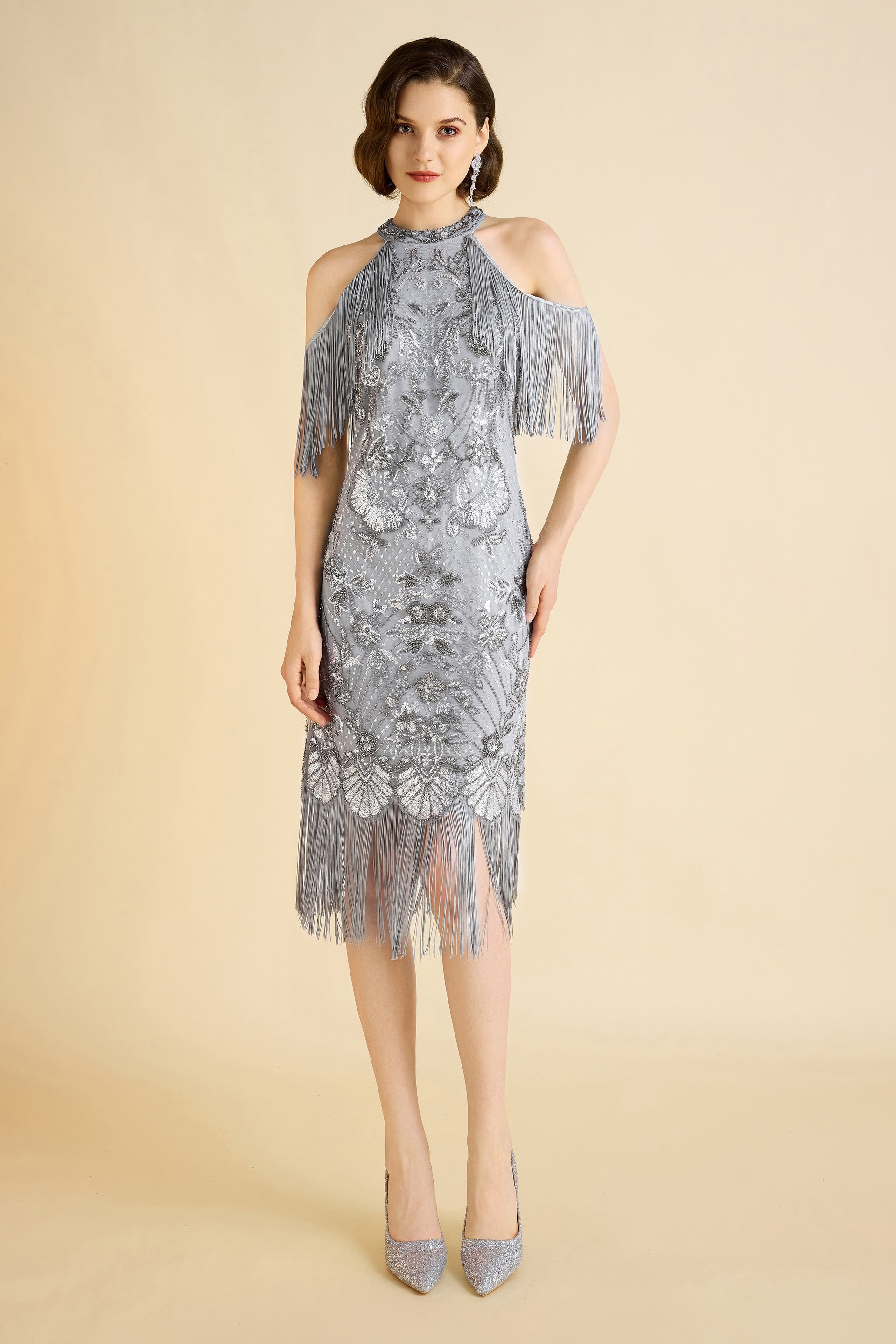BABEYOND 1920s Fashion Dresses Halter Neck Fringe Flapper Party Dance Dress, Light Ash Gray, Size 8