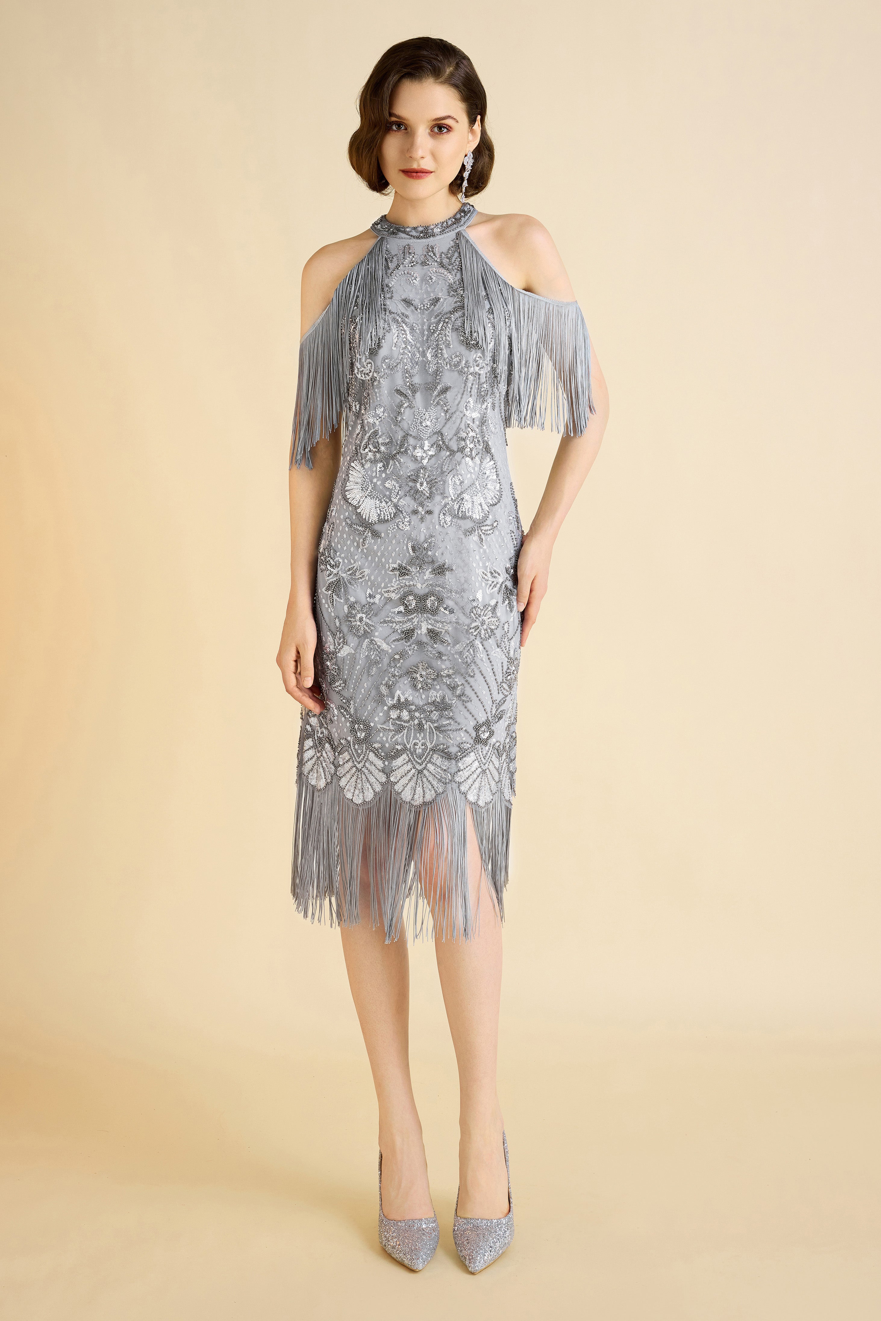 BABEYOND 1920s Fashion Dresses Halter Neck Fringe Flapper Party Dance Dress, Light Ash Gray, Size 4