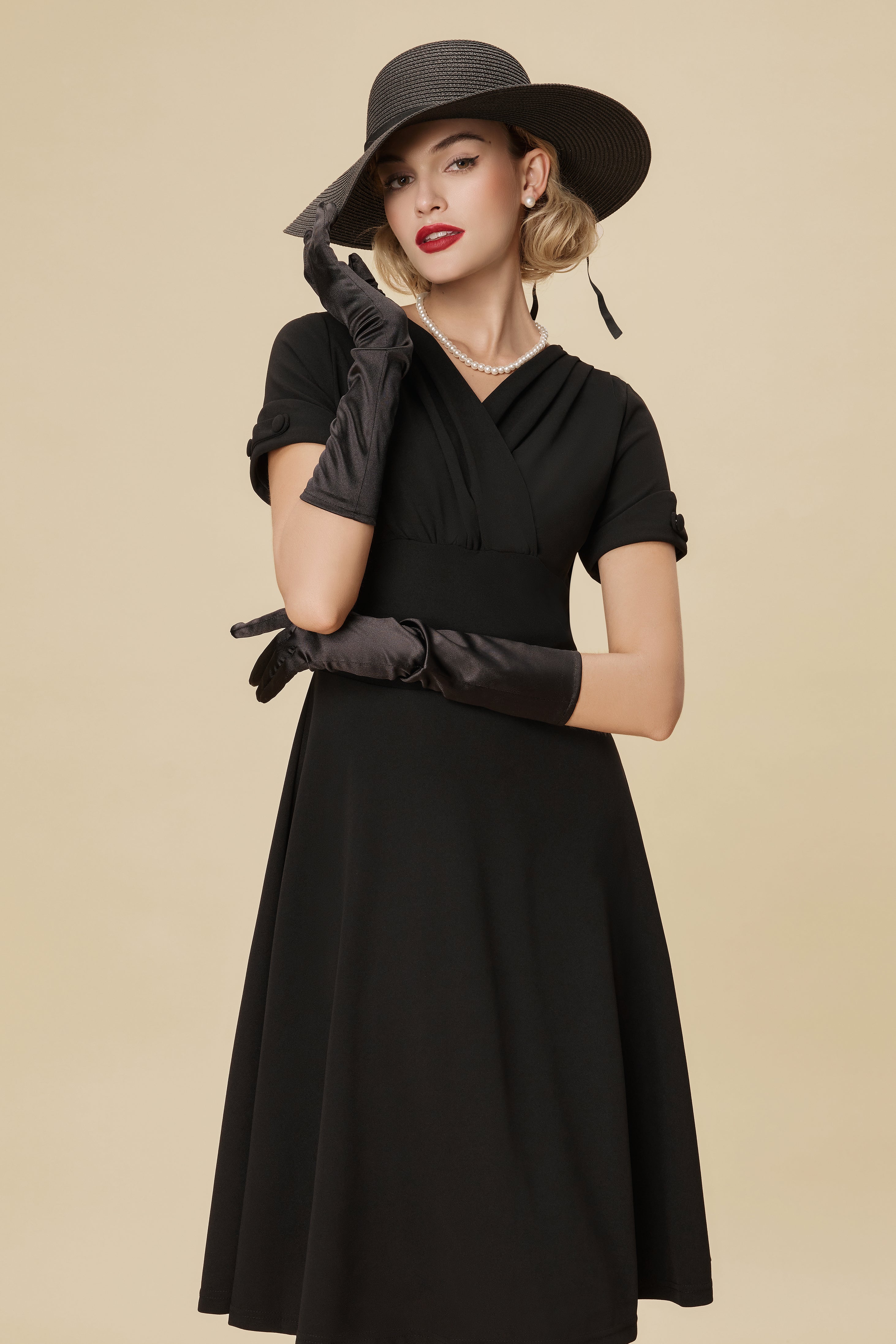 BABEYOND Vintage-Inspired Pleated Swing Dress, 1950s Dress, Black, M