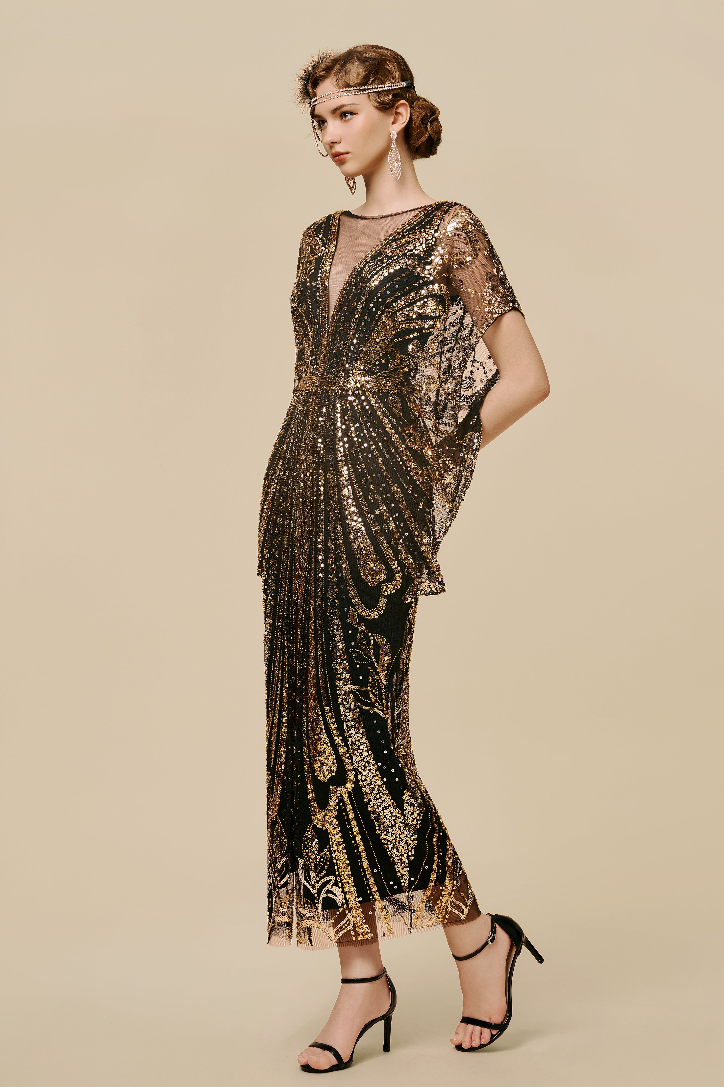 gold batwing dress Cinched Sequin Batwing Mini Dress