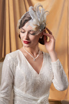 Rhinestone Studded Feather Veil Fascinator | Beige | 2