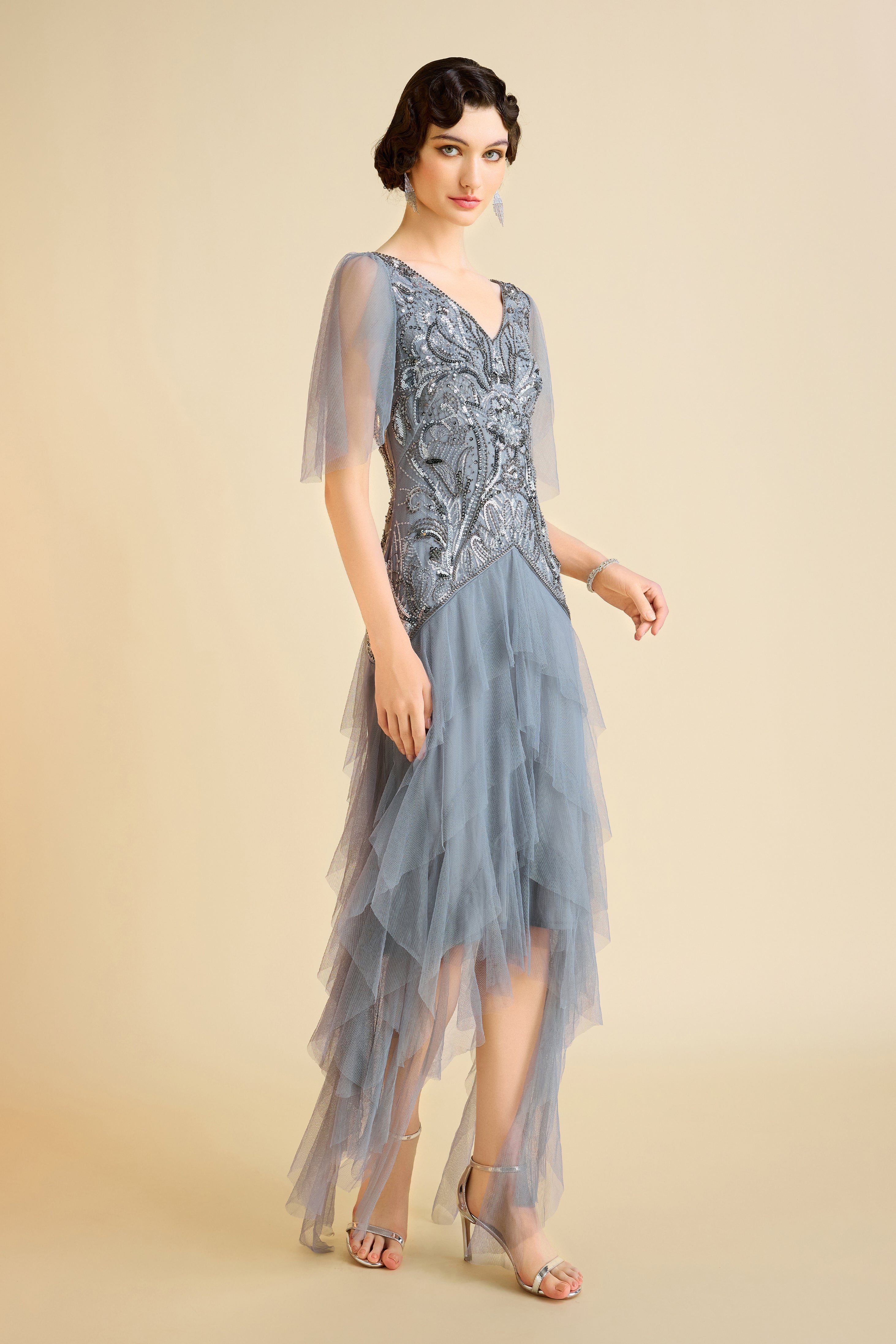 BABEYOND Irregular Ruffle Hem Vintage Bridesmaids Dress, 1920s Wedding Guest Dress, Retro Gatsby Evening Dress, Gray, Size 12