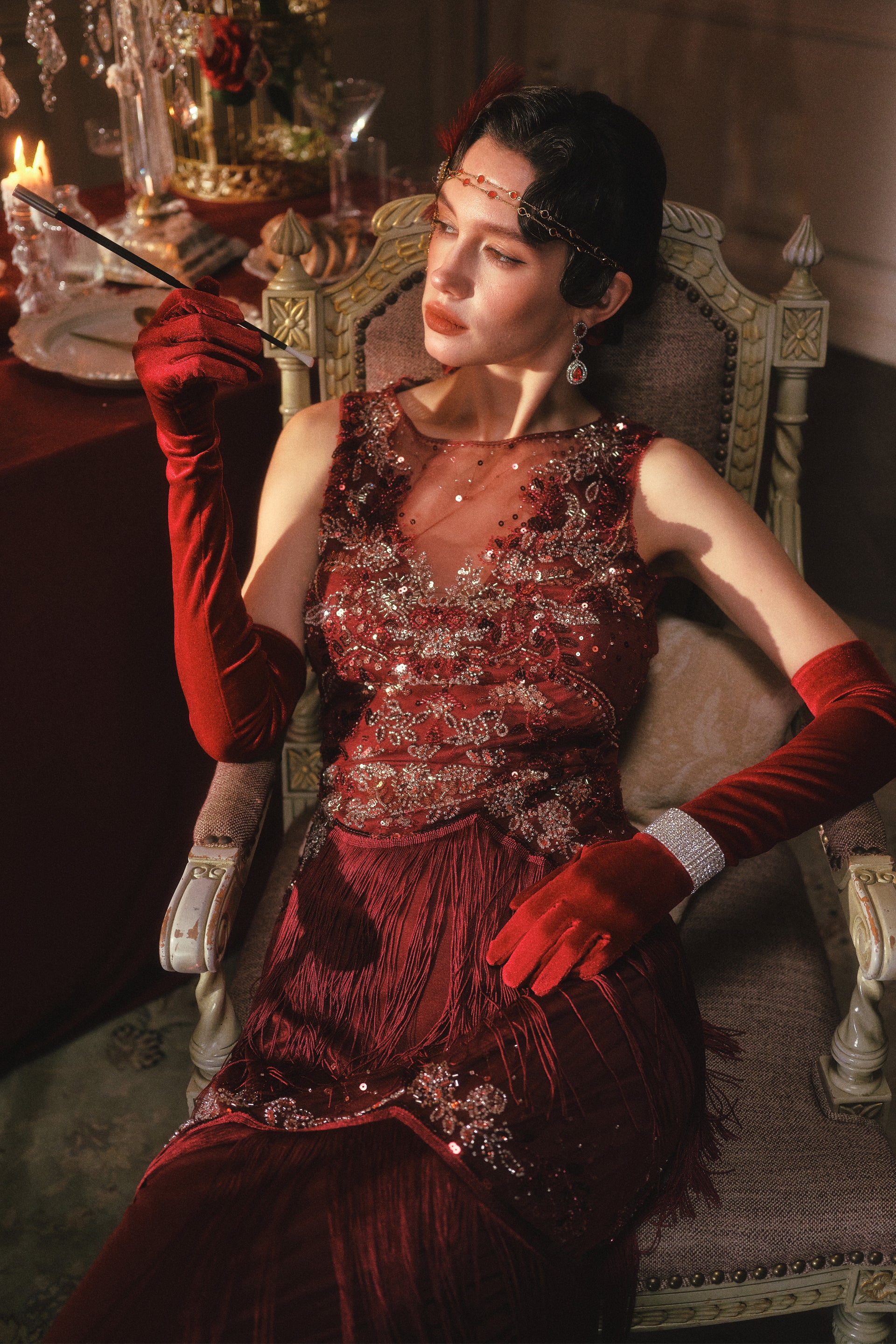 BABEYOND Dark Red 1920s Crimson Multi Fringed Beaded Long Flapper Dresses, Size 10