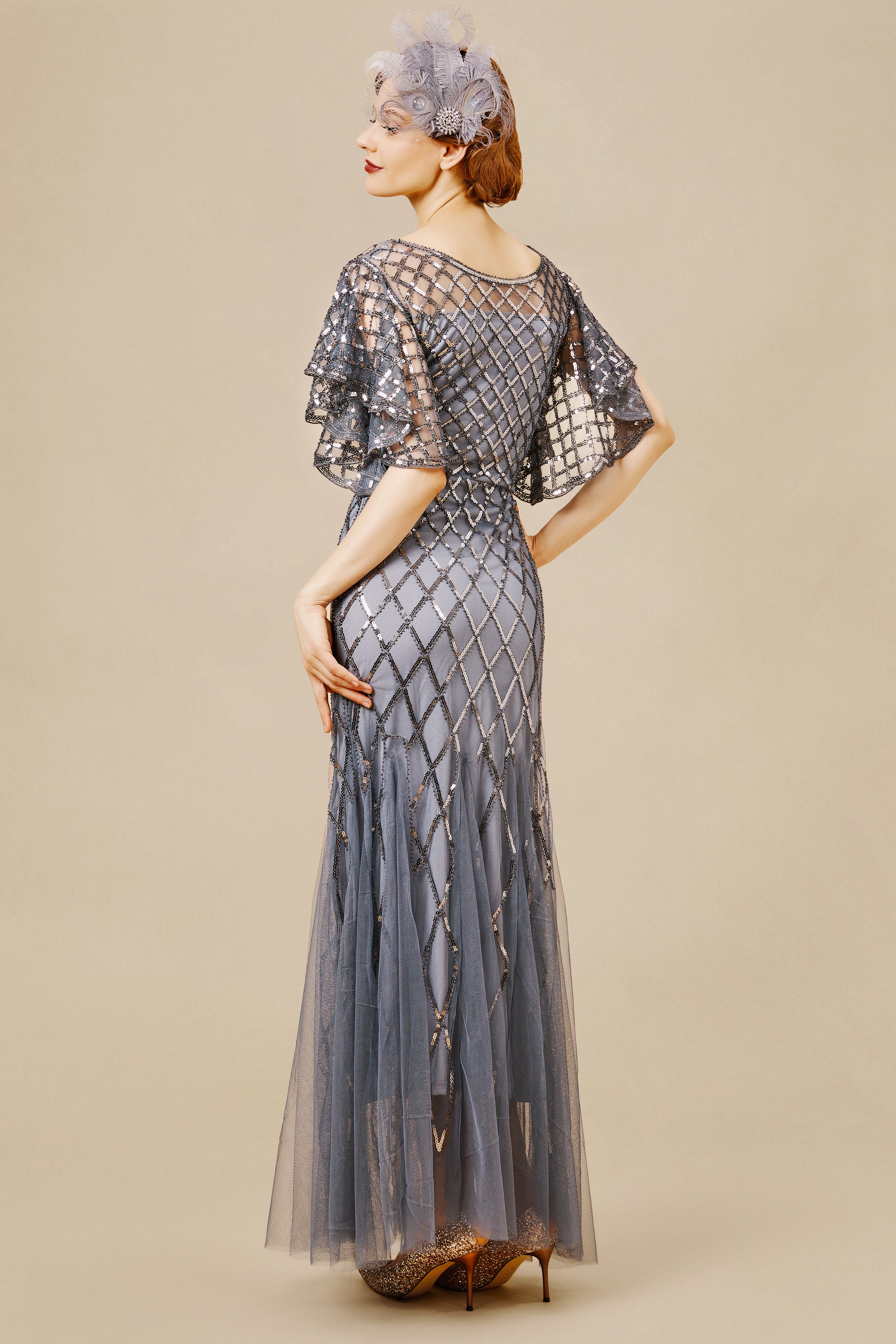 Sequined Striped Mesh Mermaid Dress | Gray | 2