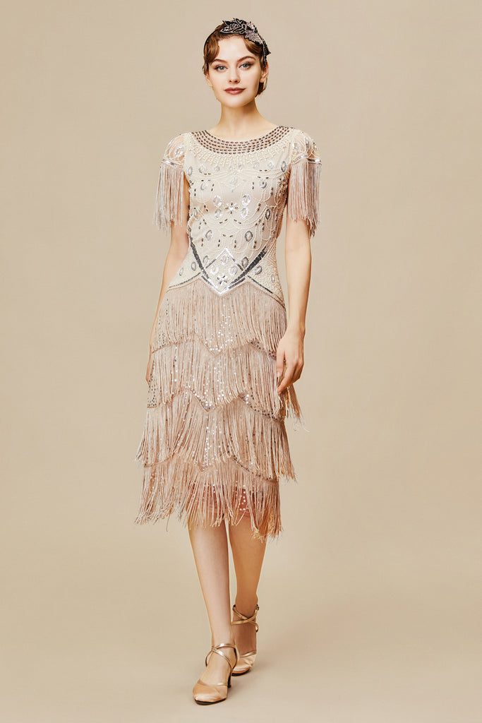 Sheer Sleeves Tiered Fringe Sequin Dress - BABEYOND